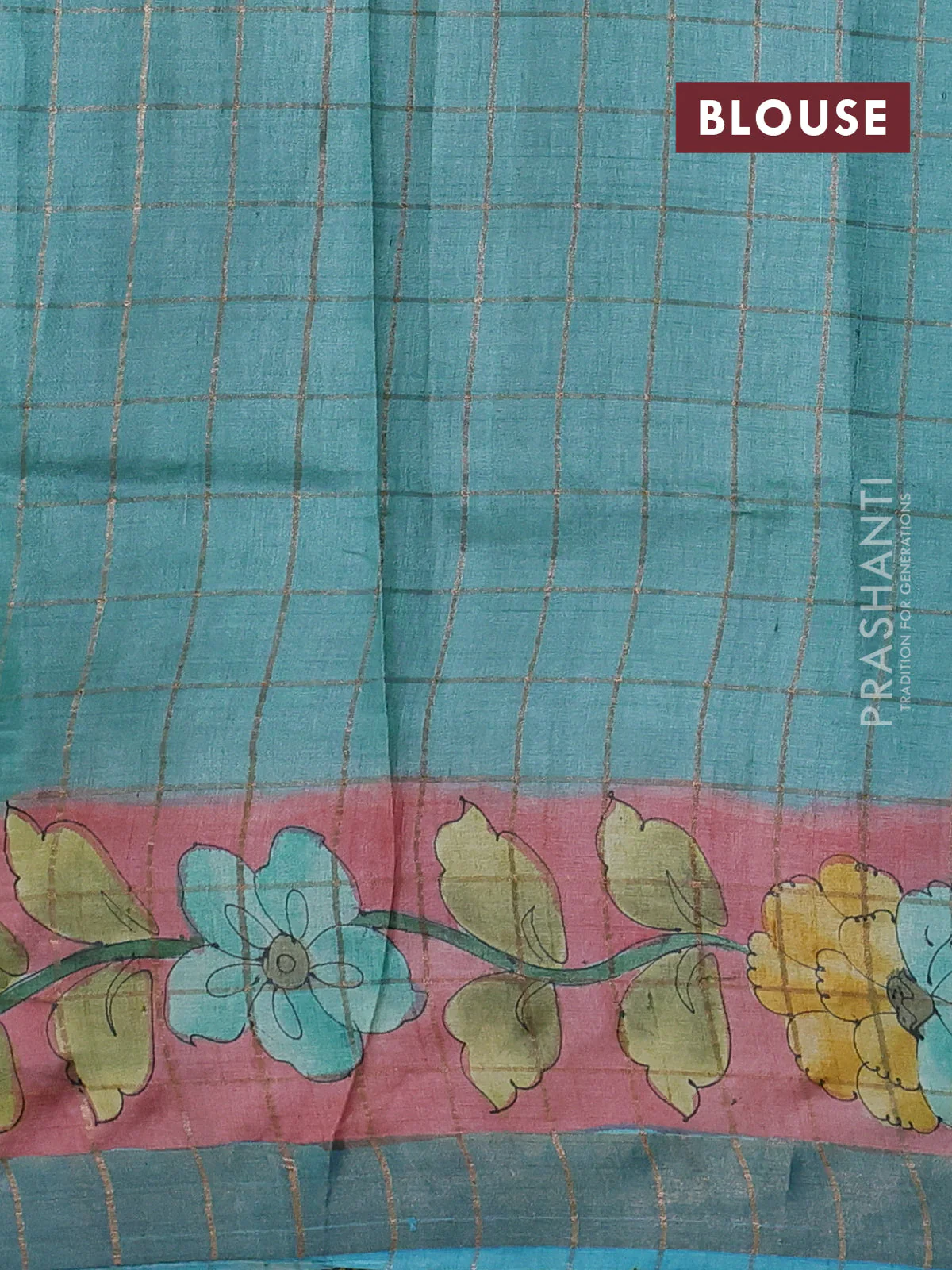 Pure tussar silk saree green and blue with allover kalamkari hand painted prints and zari woven border - Image 3