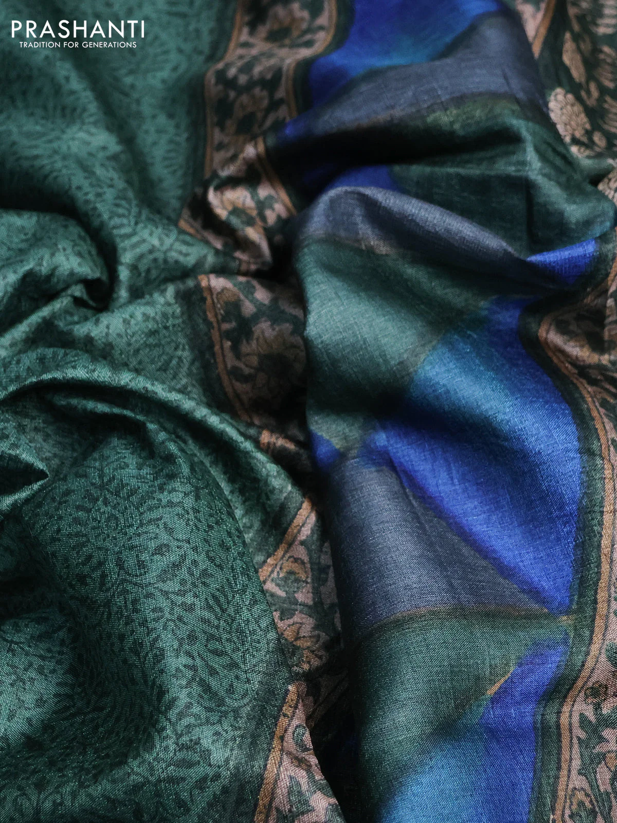 Pure tussar silk saree green and blue with allover prints and printed border - Image 2