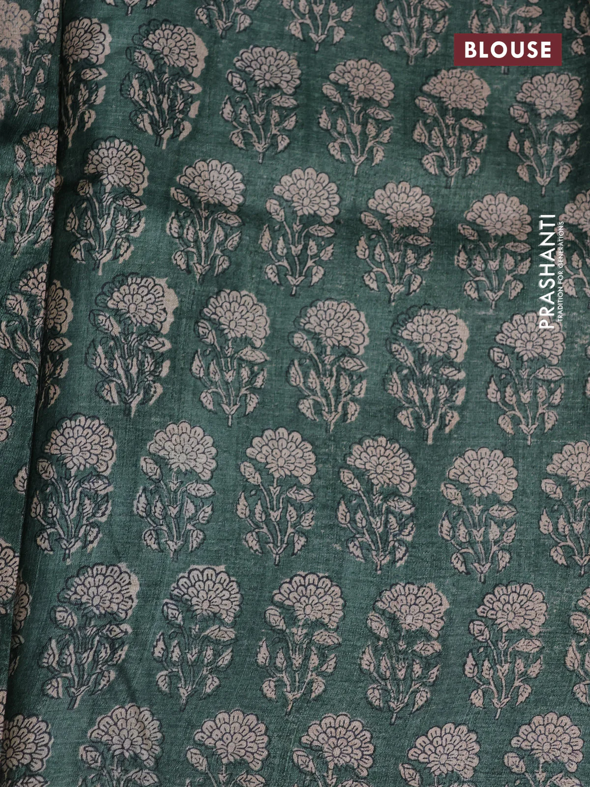 Pure tussar silk saree green and blue with allover prints and printed border - Image 3