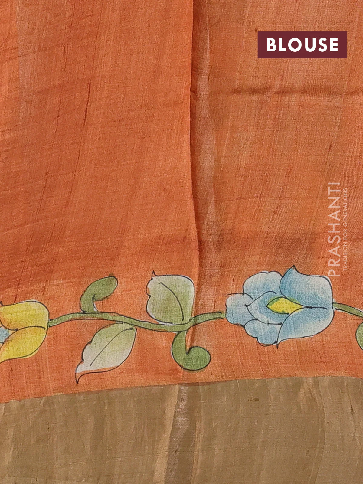 Pure tussar silk saree green and orange with allover kalamkari hand painted prints and zari woven border - Image 3