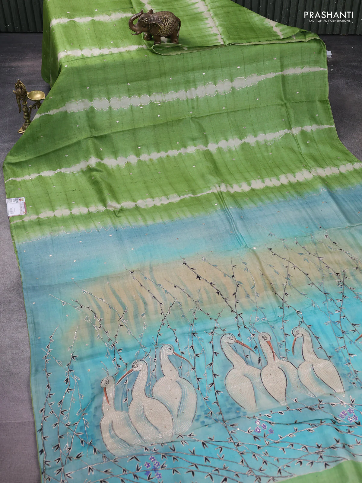 Pure tussar silk saree green and pastel blue with tie & dye prints and pita work pallu - Image 2