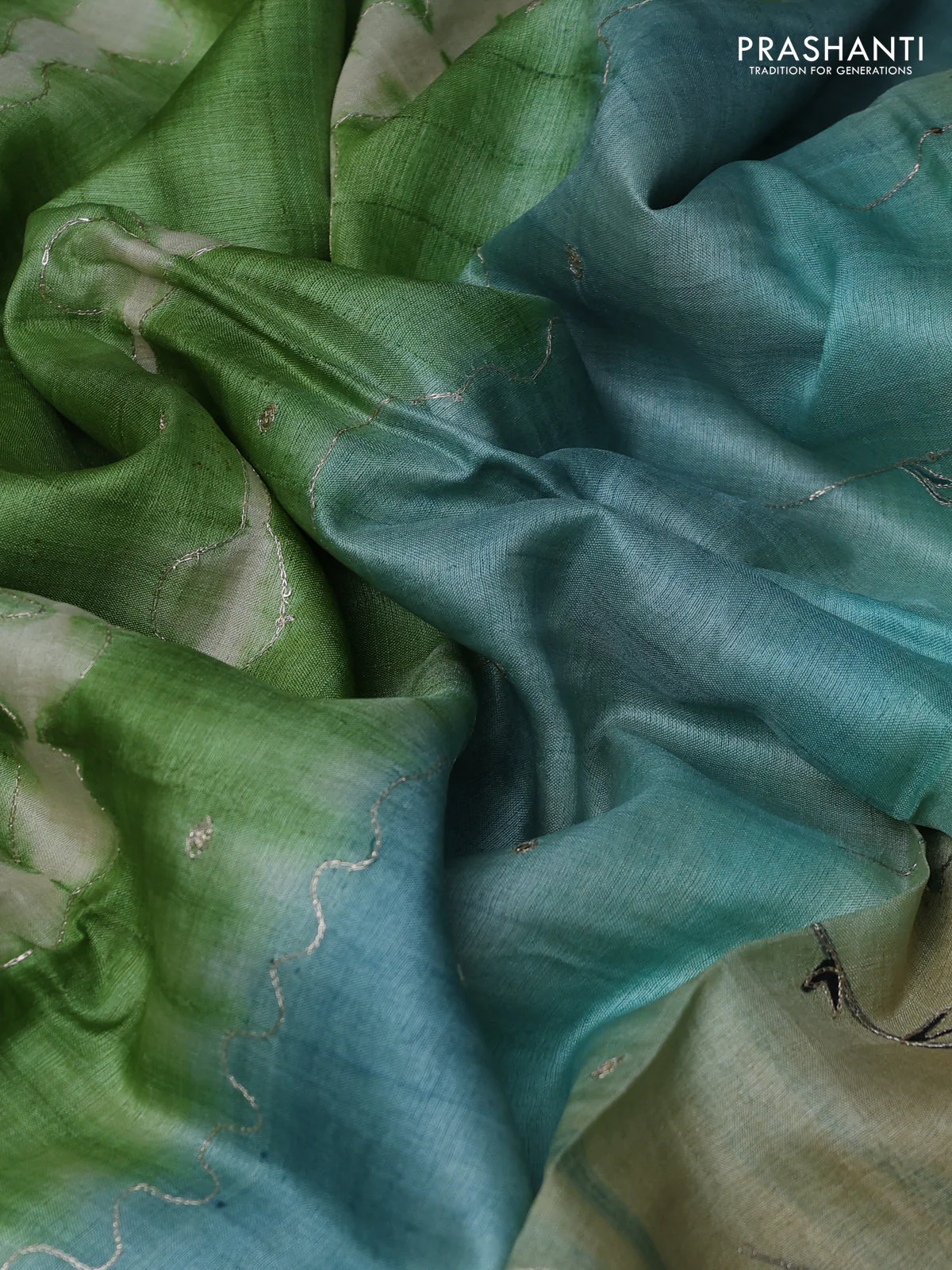 Pure tussar silk saree green and pastel blue with tie & dye prints and pita work pallu - Image 3