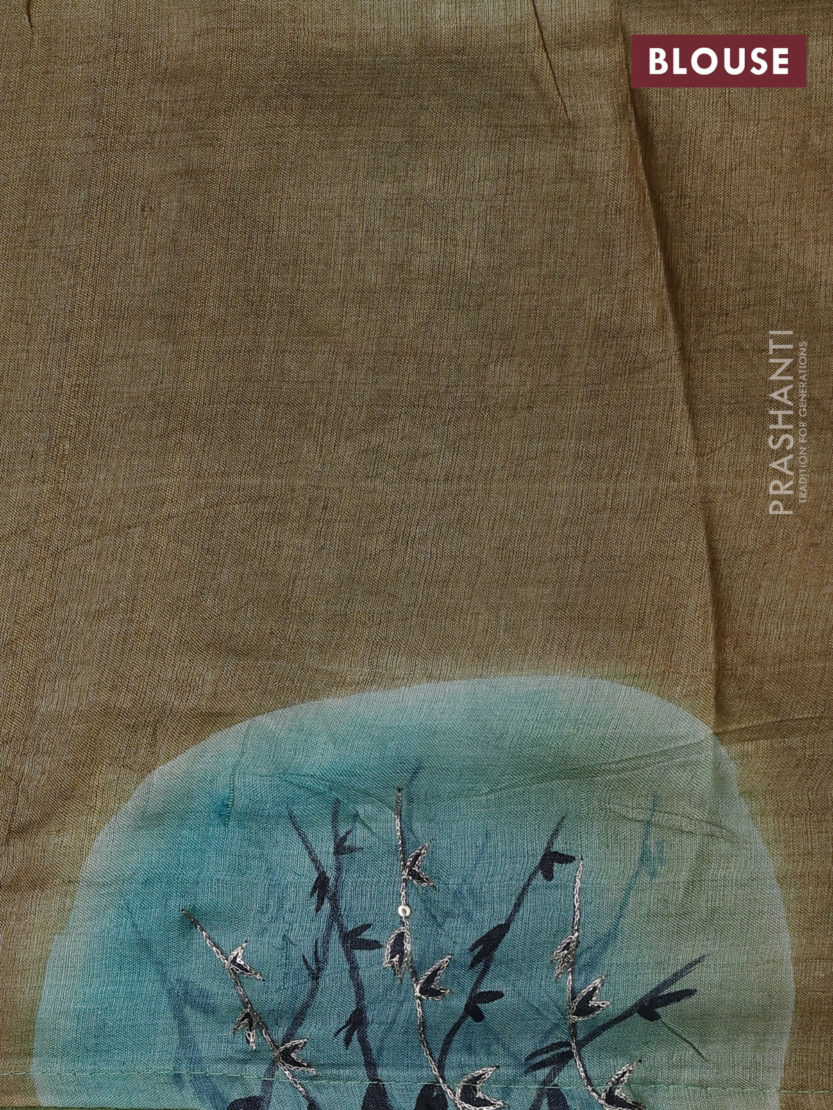 Pure tussar silk saree green and pastel blue with tie & dye prints and pita work pallu - Image 4