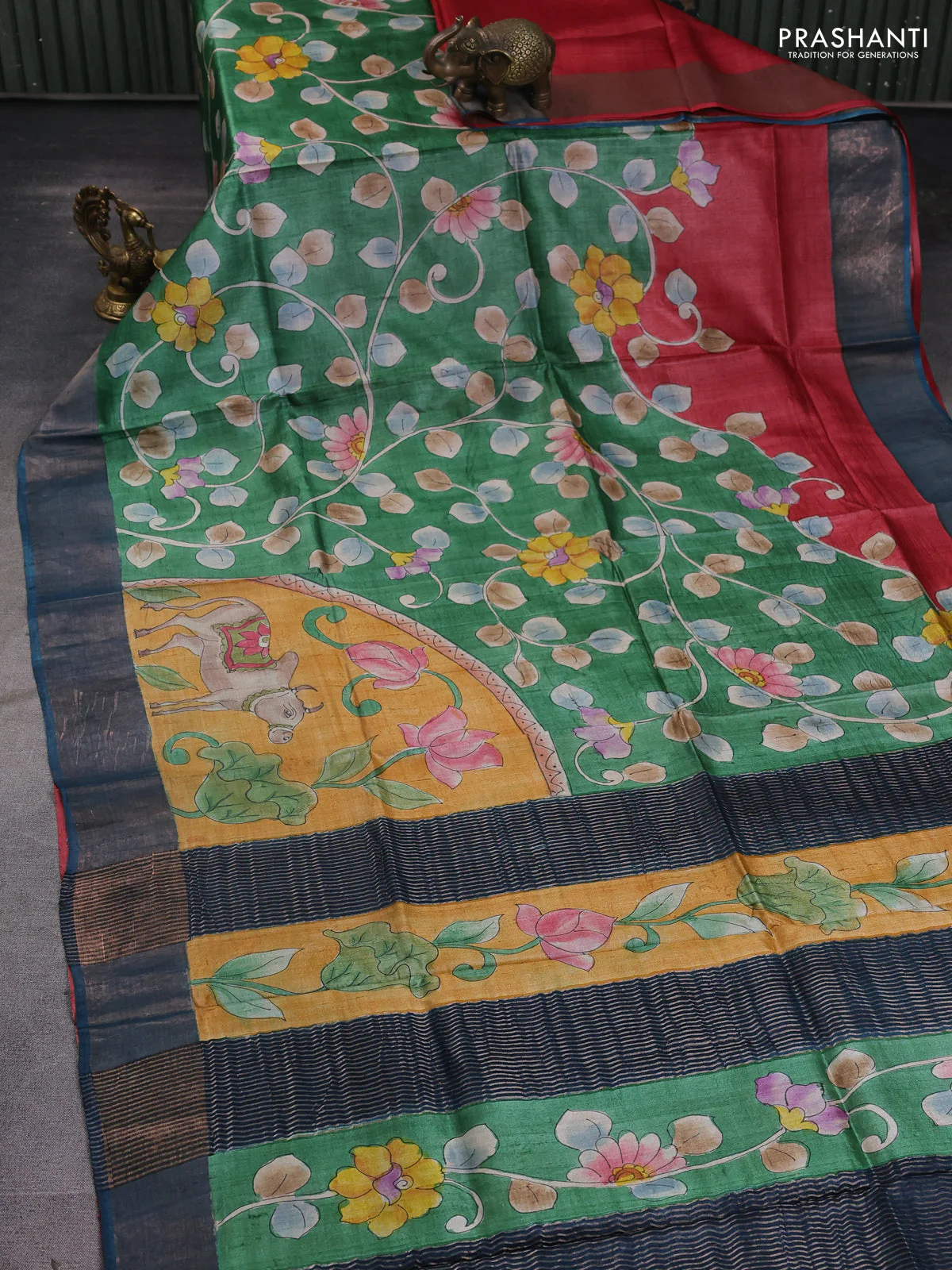 Pure tussar silk saree green and peacock blue with allover pichwai hand painted prints and zari woven border - Image 2