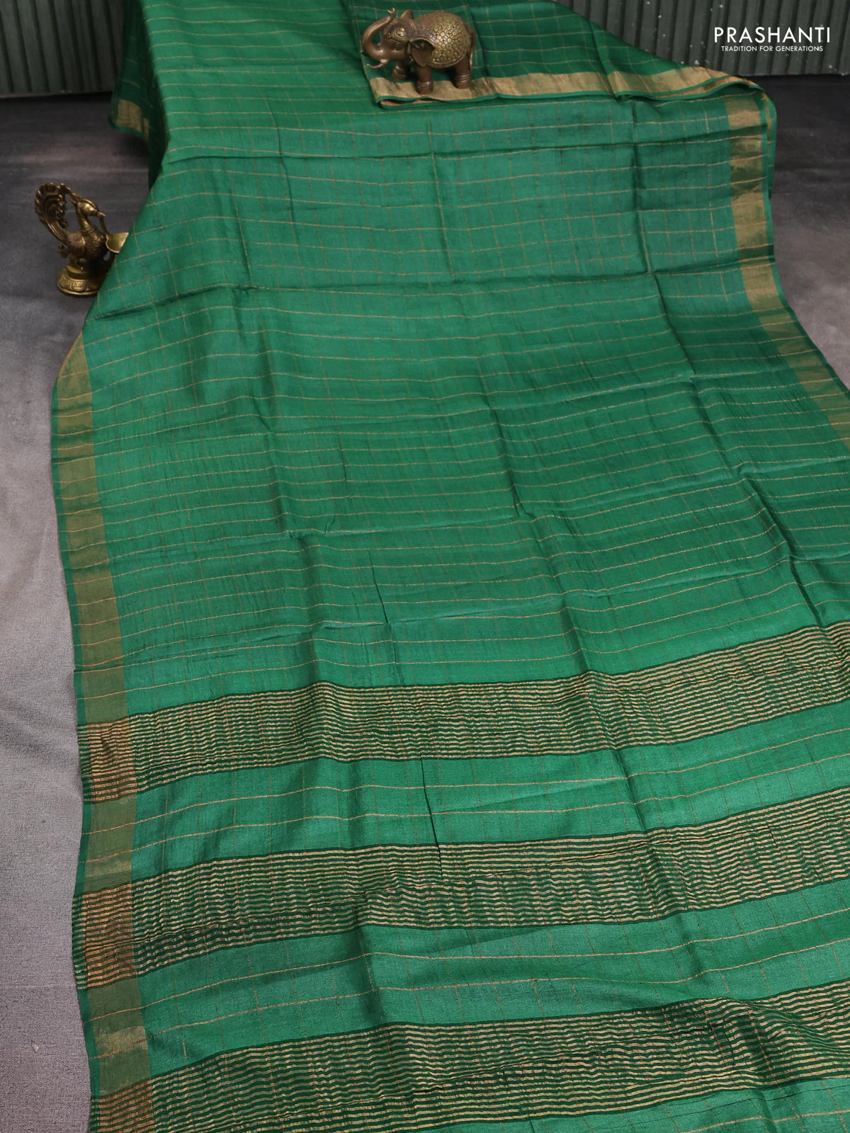 Pure tussar silk saree green and rustic orange with allover zari checked pattern and zari woven border - Image 2