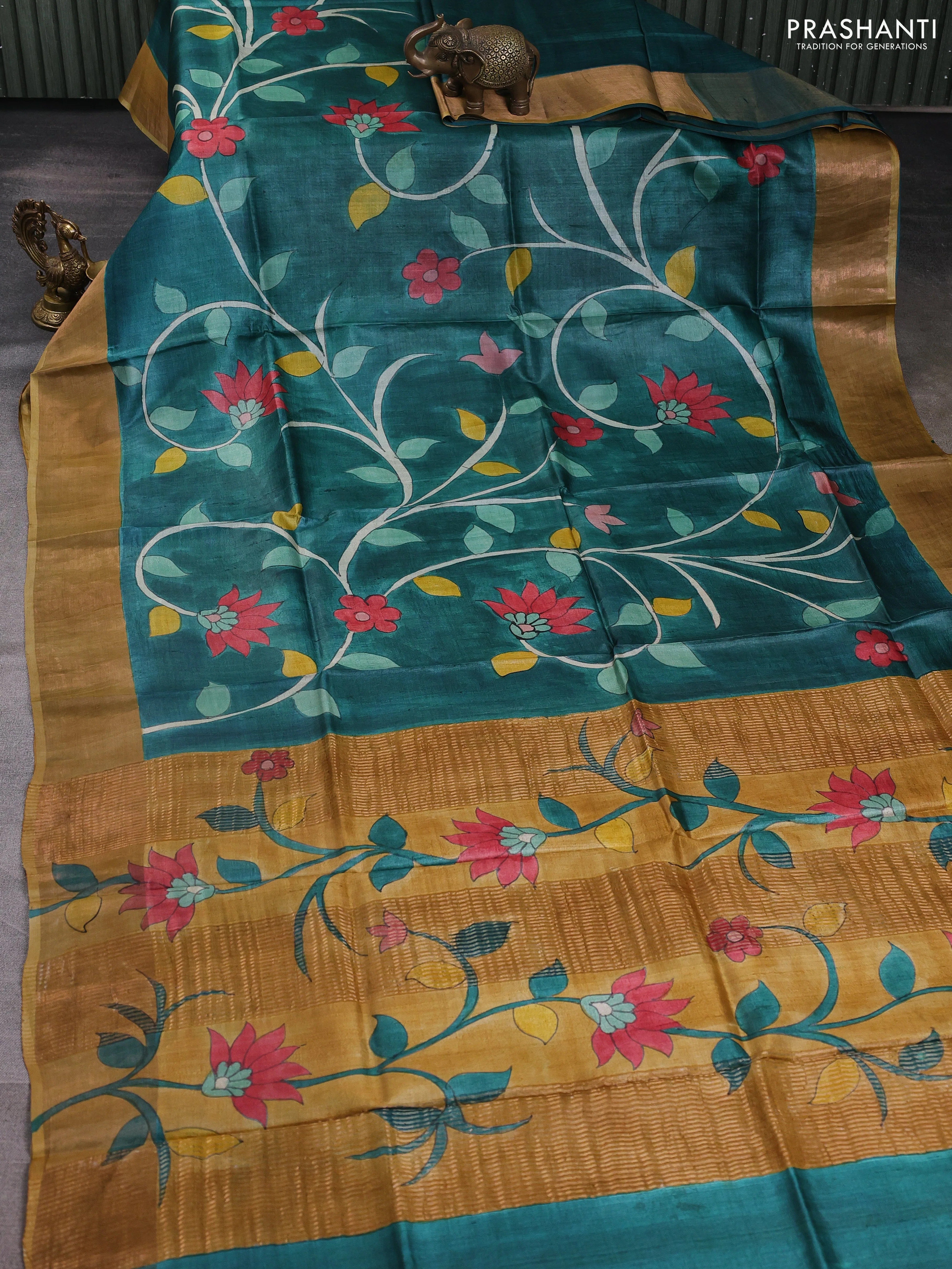 Pure tussar silk saree green and sandal with allover hand painted prints and zari woven border - Image 2