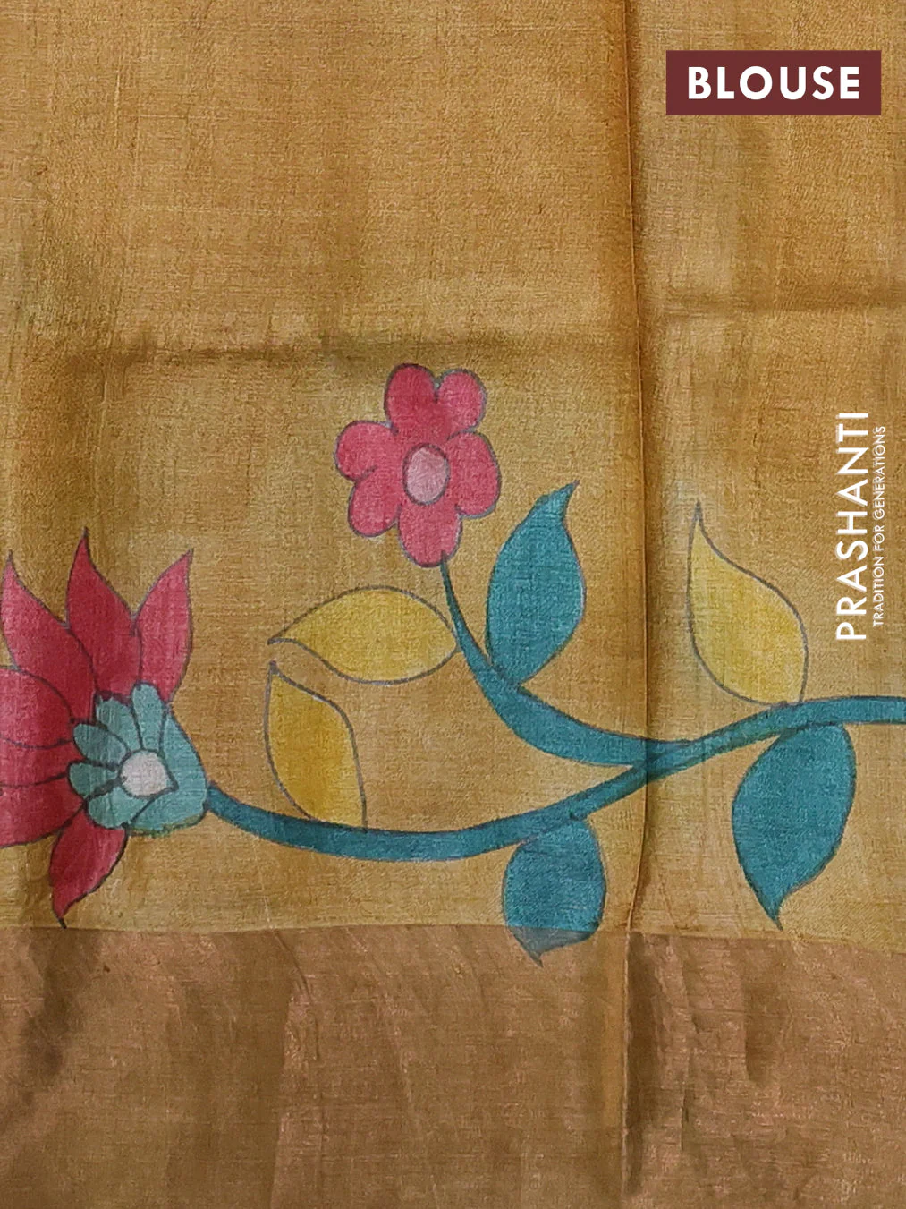 Pure tussar silk saree green and sandal with allover hand painted prints and zari woven border - Image 3