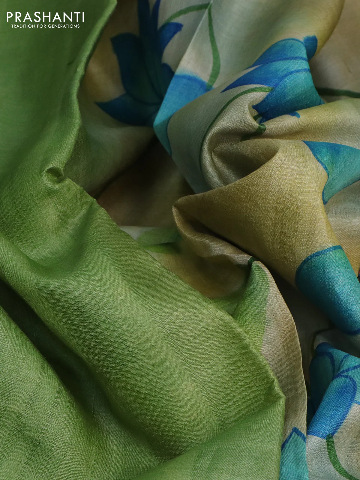 Pure tussar silk saree green and sandal with plain body and pichwai hand painted pallu & border - Image 2