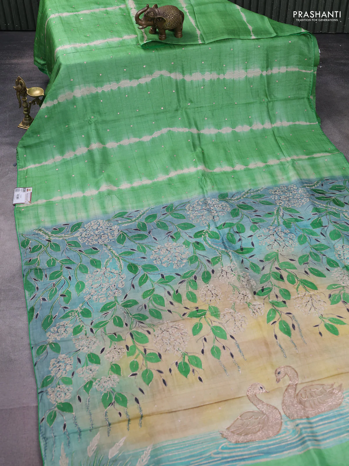 Pure tussar silk saree green and sandal with tie & dye prints and pita work pallu - Image 2