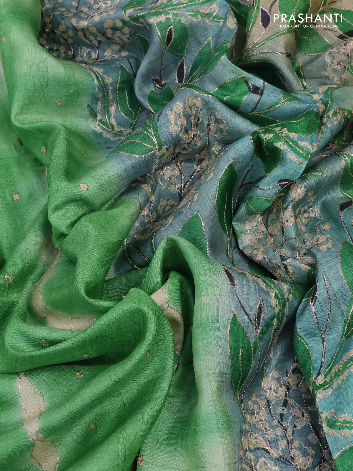 Pure tussar silk saree green and sandal with tie & dye prints and pita work pallu - Image 3
