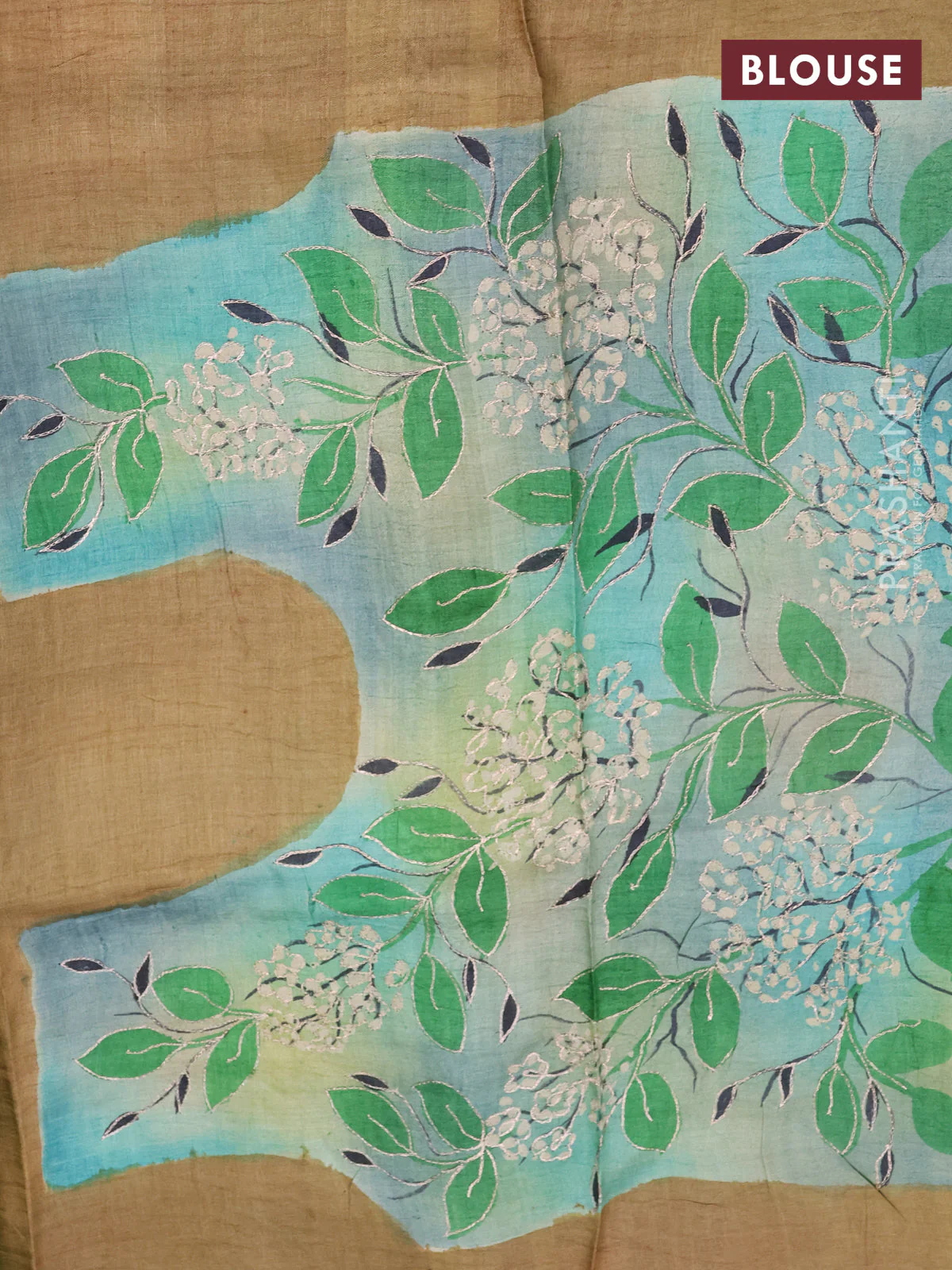 Pure tussar silk saree green and sandal with tie & dye prints and pita work pallu - Image 4