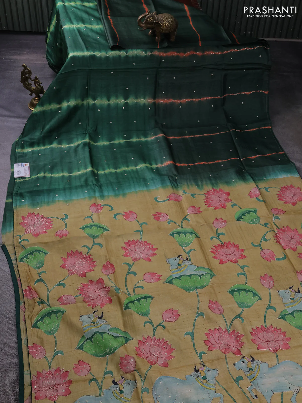 Pure tussar silk saree green and sandal with tie & dye prints & pita work and embroidery pallu - Image 2