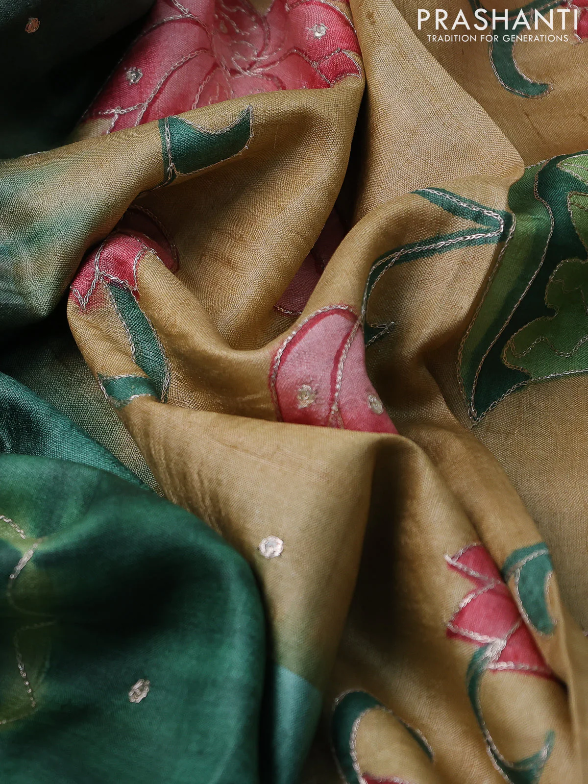 Pure tussar silk saree green and sandal with tie & dye prints & pita work and embroidery pallu - Image 3