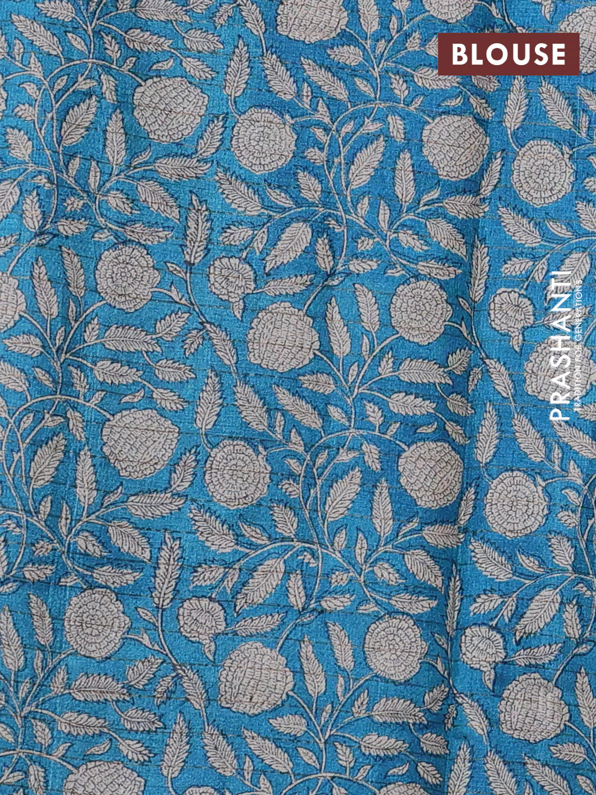 Pure tussar silk saree green shade and cs blue with allover zari checked pattern and kalamkari printed border - Image 3