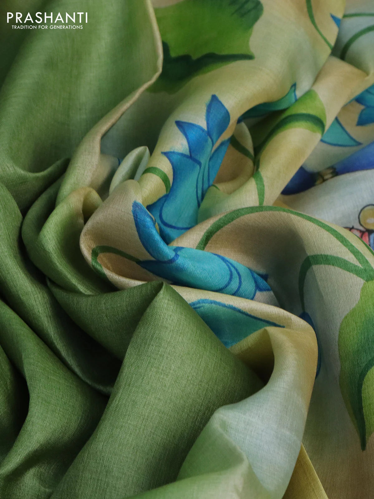 Pure tussar silk saree green shade and sandal with plain body and pichwai hand painted pallu & border - Image 2