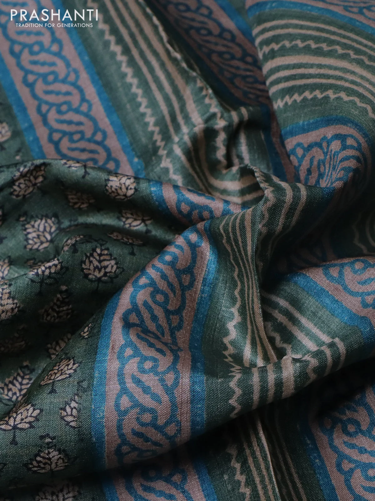 Pure tussar silk saree green shade with allover digital prints and long printed border - Image 2