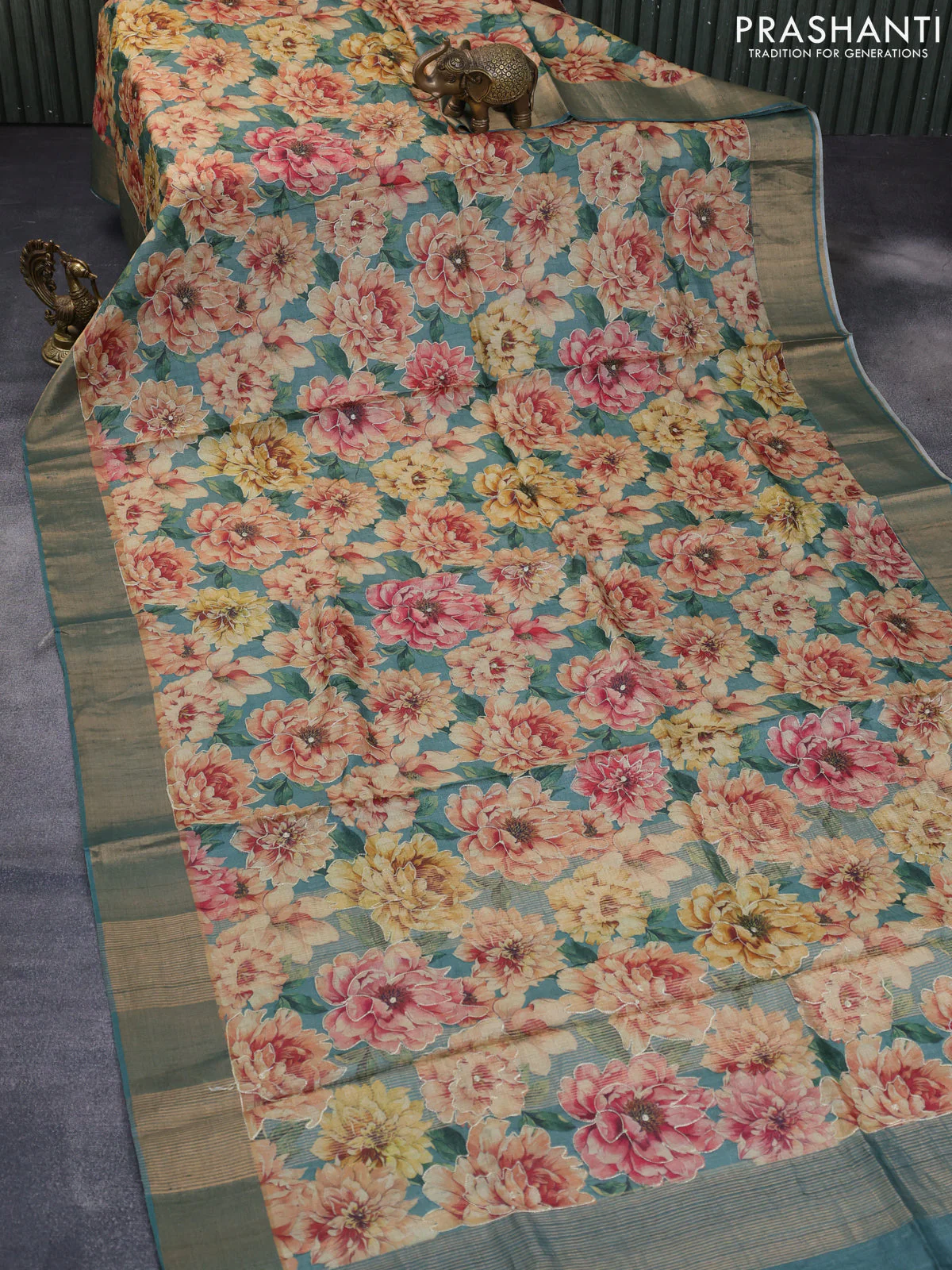Pure tussar silk saree green shade with allover floral design pita work and zari woven border - Image 2