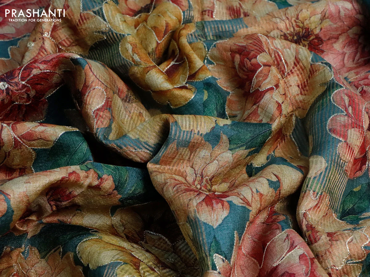 Pure tussar silk saree green shade with allover floral design pita work and zari woven border - Image 3