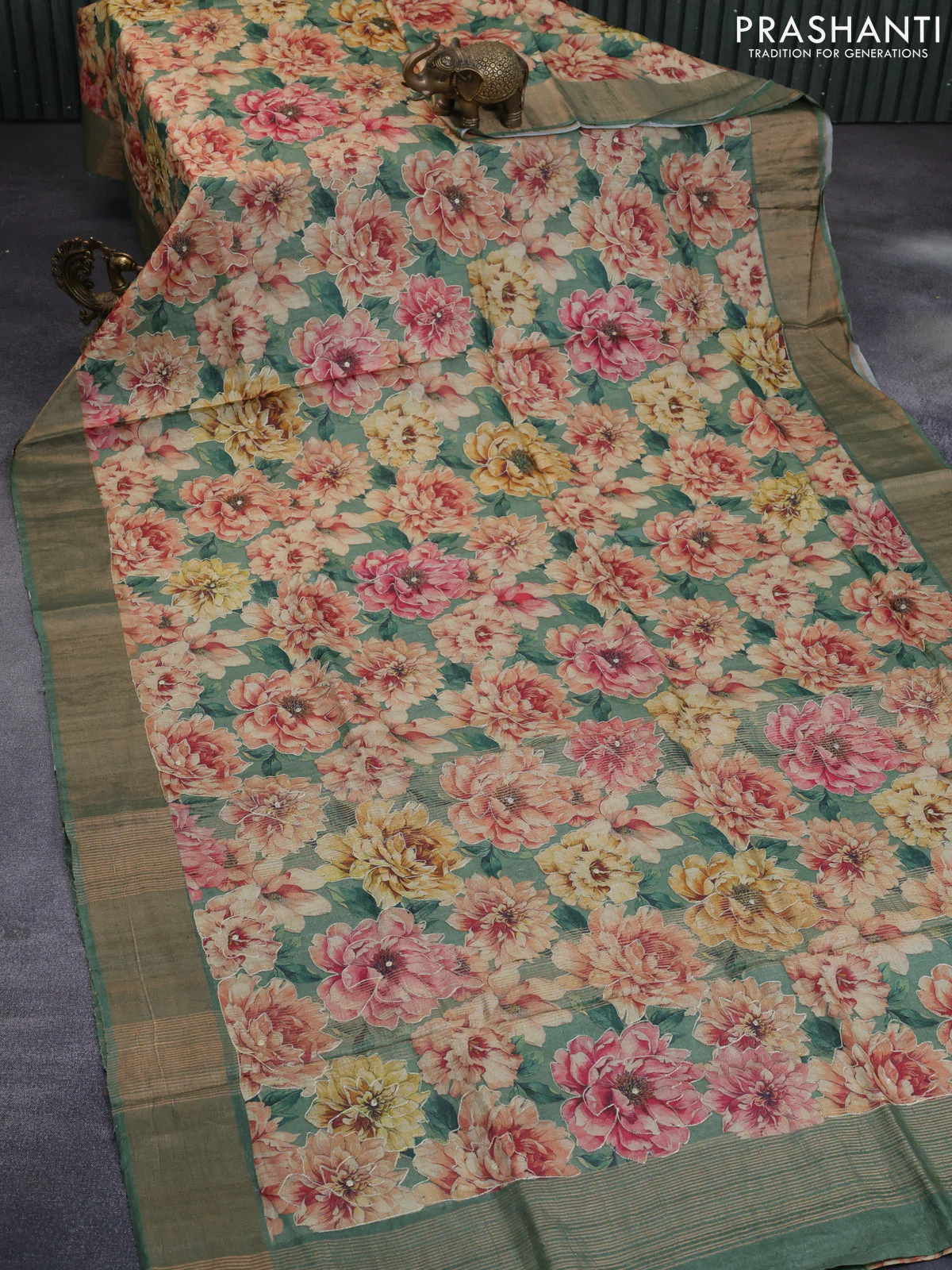 Pure tussar silk saree green shade with allover floral design pita work and zari woven border - Image 2