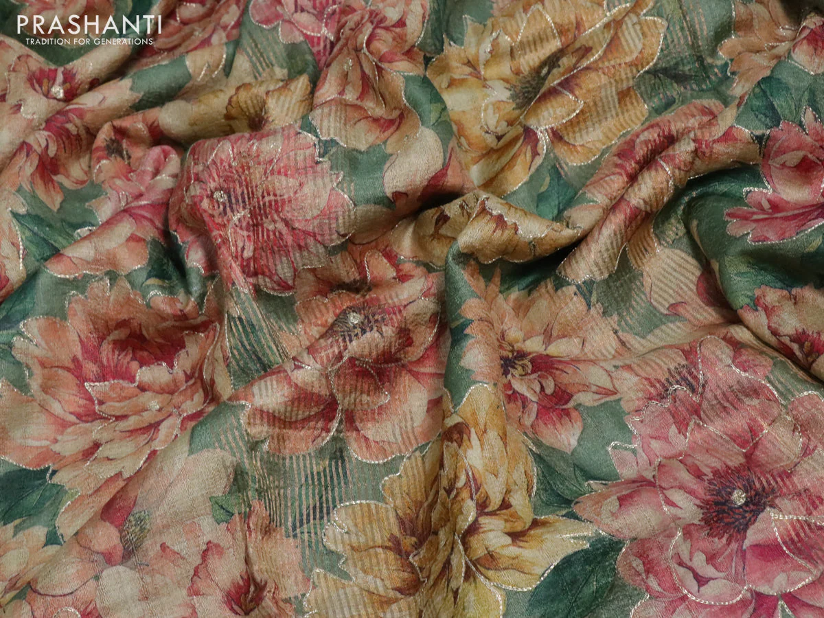 Pure tussar silk saree green shade with allover floral design pita work and zari woven border - Image 3