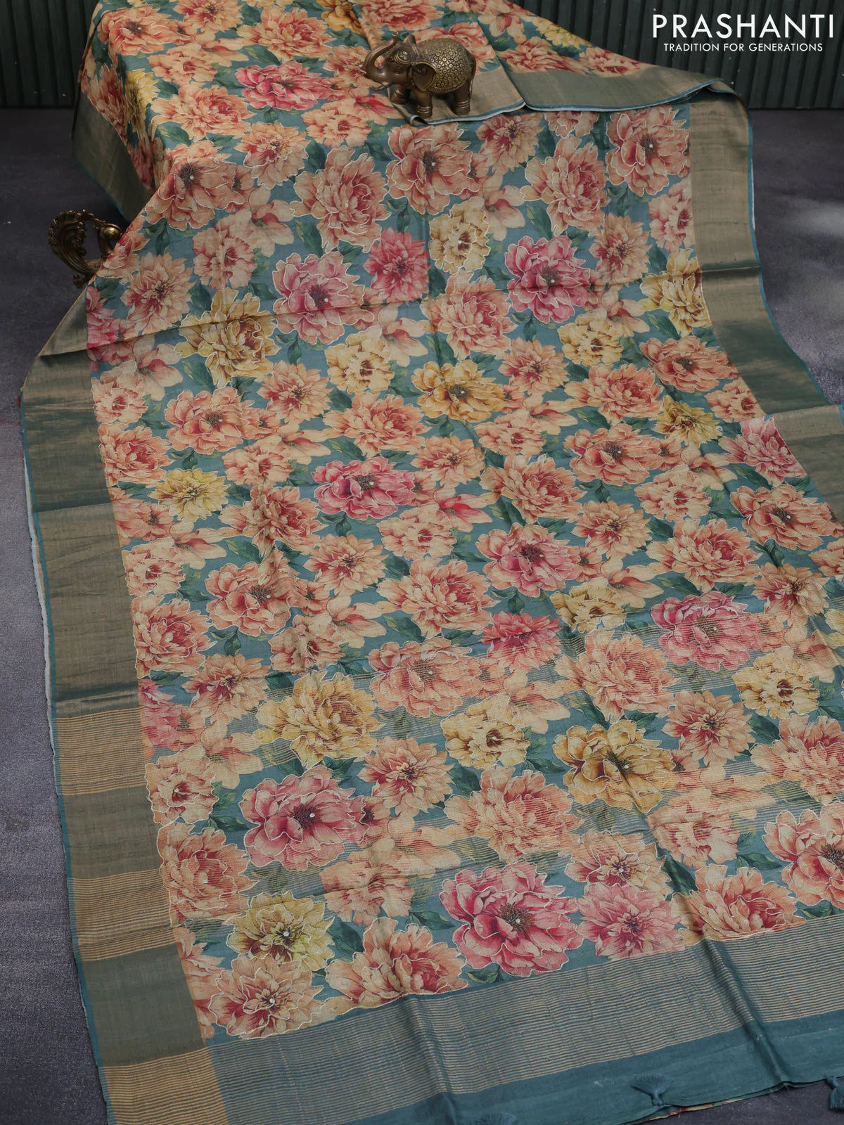 Pure tussar silk saree green shade with allover floral design pita work and zari woven border - Image 2