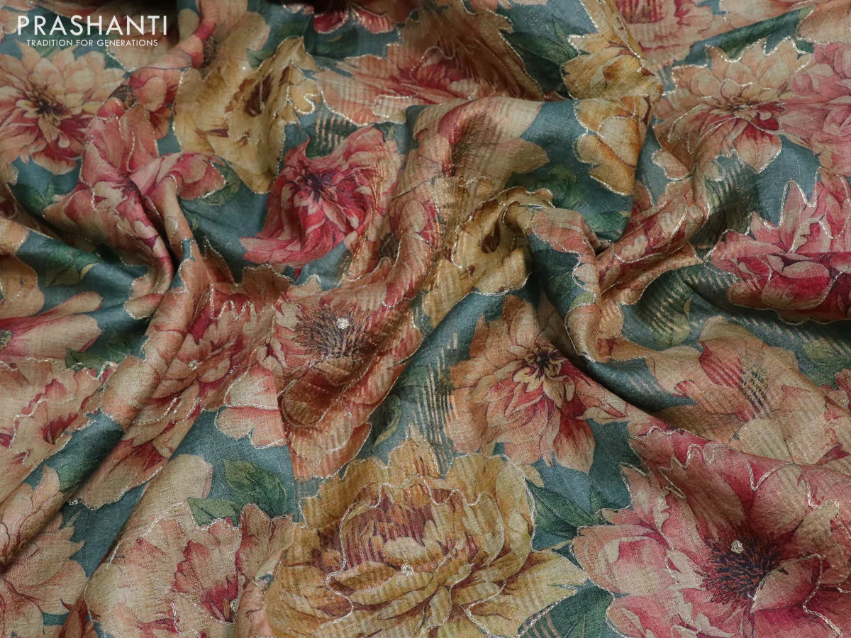 Pure tussar silk saree green shade with allover floral design pita work and zari woven border - Image 3