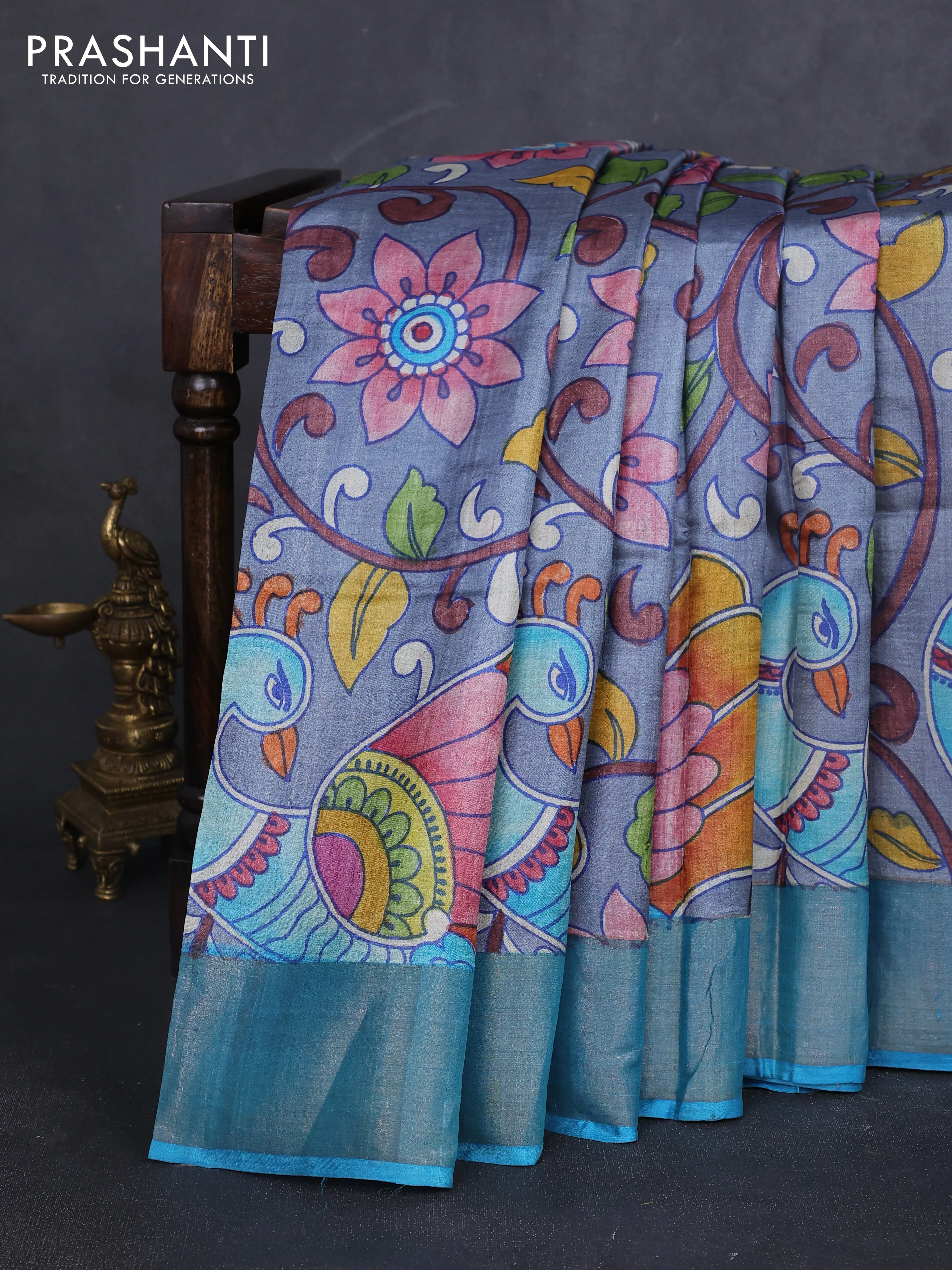 Pure tussar silk saree grey and cs blue with allover hand painted prints and zari woven border