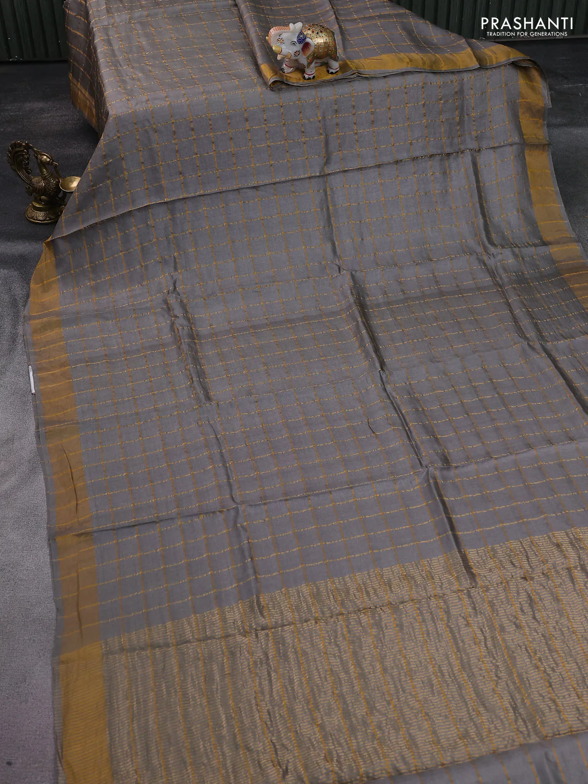 Pure tussar silk saree grey and dark blue with allover zari checked pattern and zari woven border - Image 2