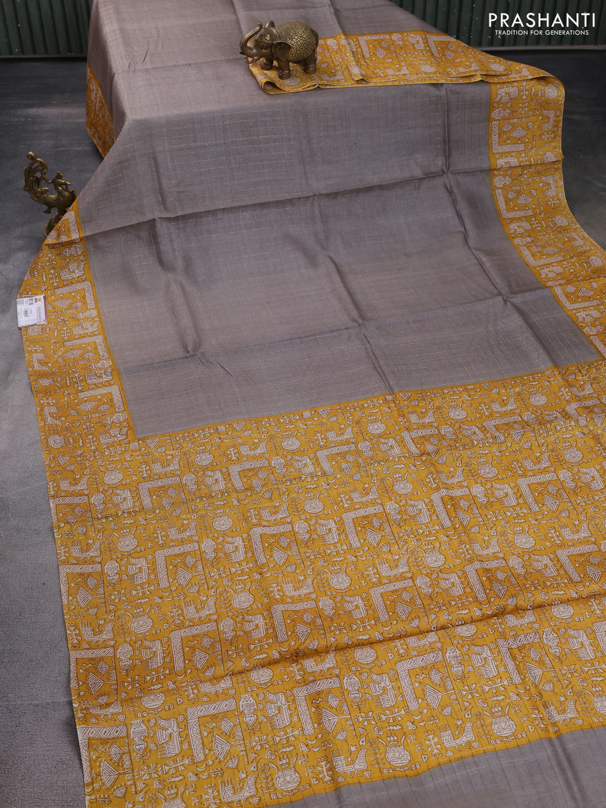 Pure tussar silk saree grey and mustard yellow with allover zari checked pattern and printed border - Image 2
