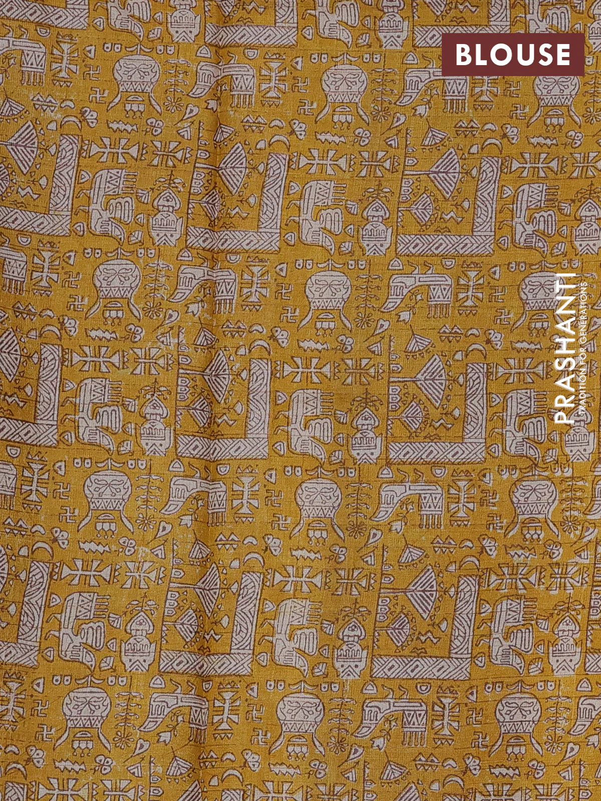 Pure tussar silk saree grey and mustard yellow with allover zari checked pattern and printed border - Image 3