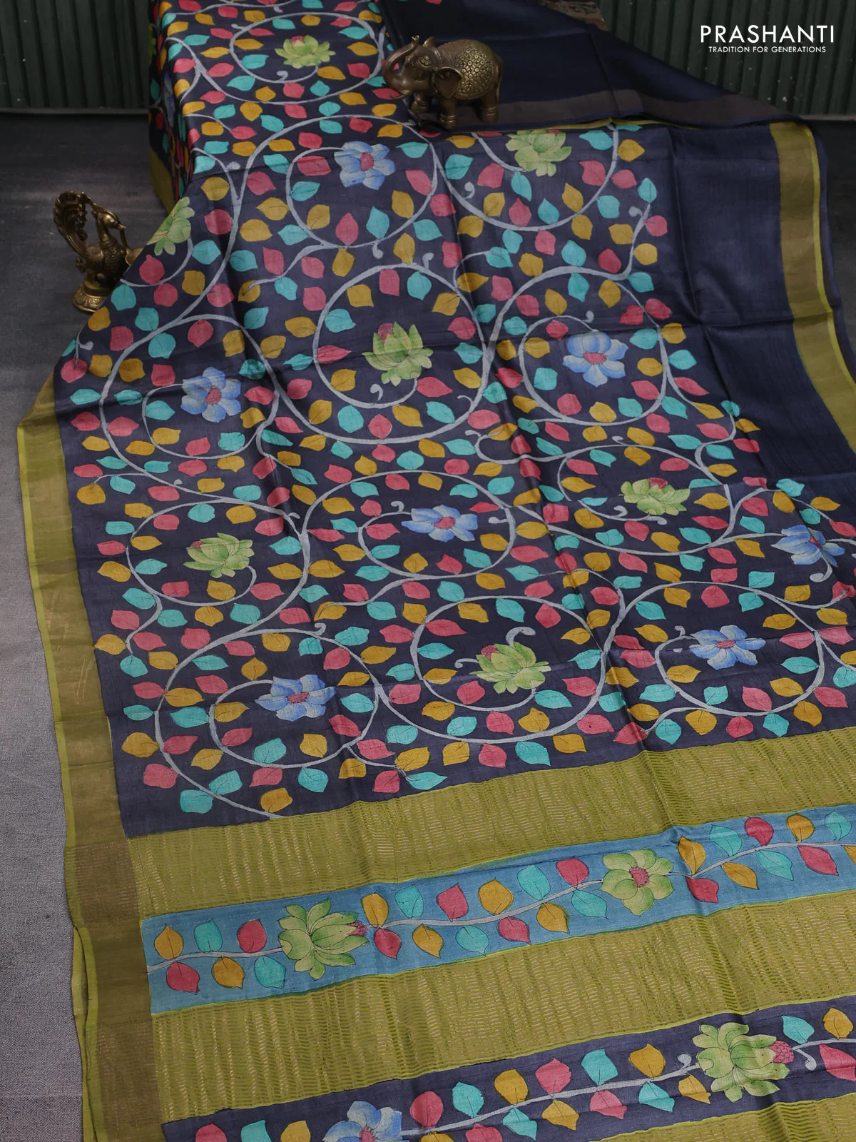 Pure tussar silk saree grey and pastel green with allover hand painted prints and zari woven border - Image 2