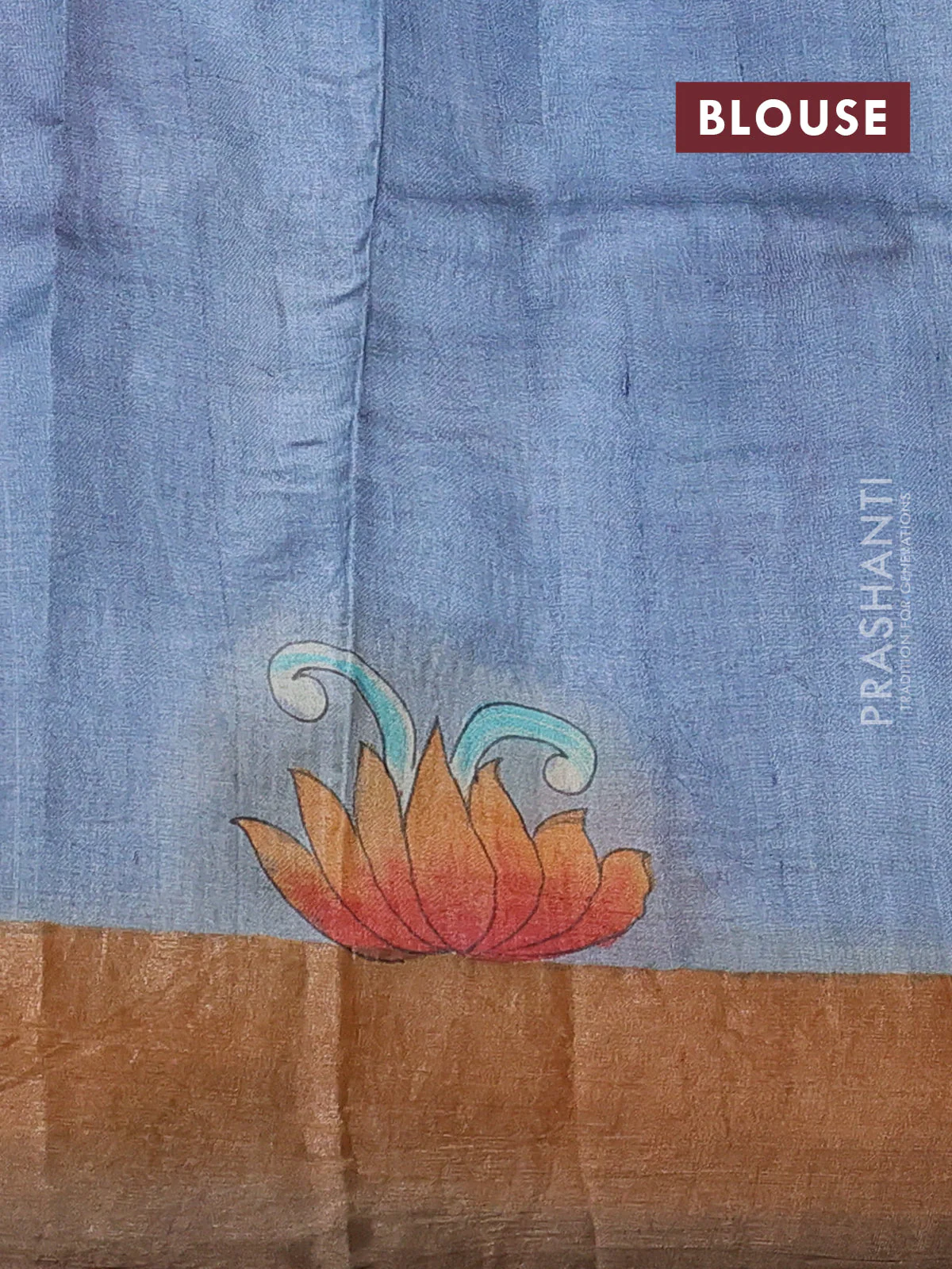 Pure tussar silk saree grey and peach shade with allover kalamkari hand painted prints and zari woven border - Image 3