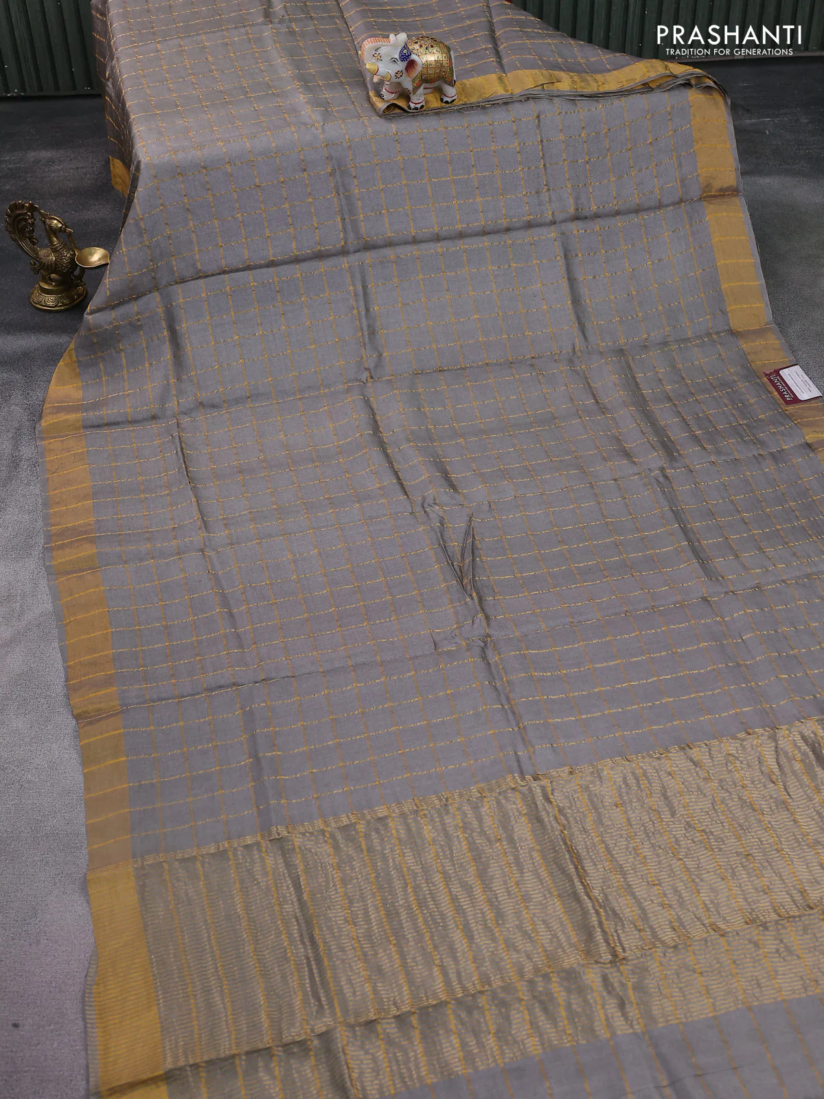 Pure tussar silk saree grey and teal green with allover zari checked pattern and zari woven border - Image 2