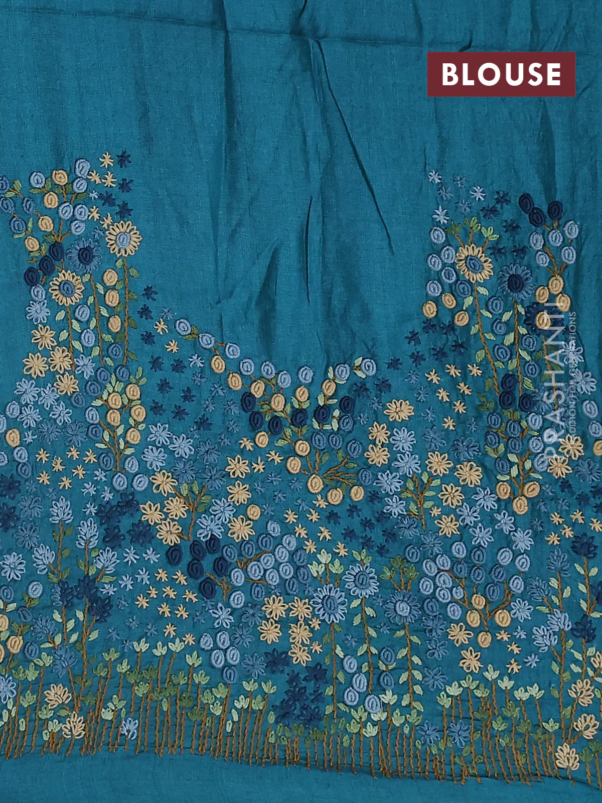 Pure tussar silk saree grey and teal green with allover zari checked pattern and zari woven border - Image 3