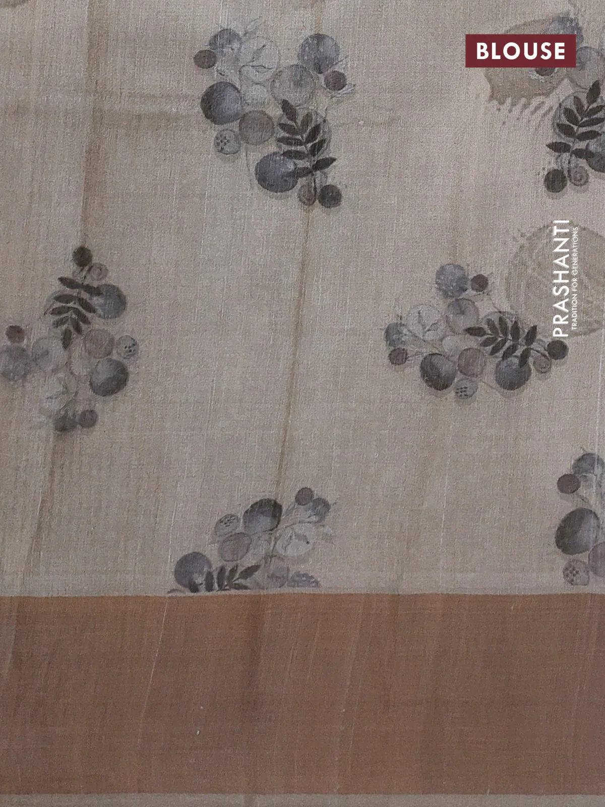 Pure tussar silk saree grey shade with digital prints and zari woven border - Image 3
