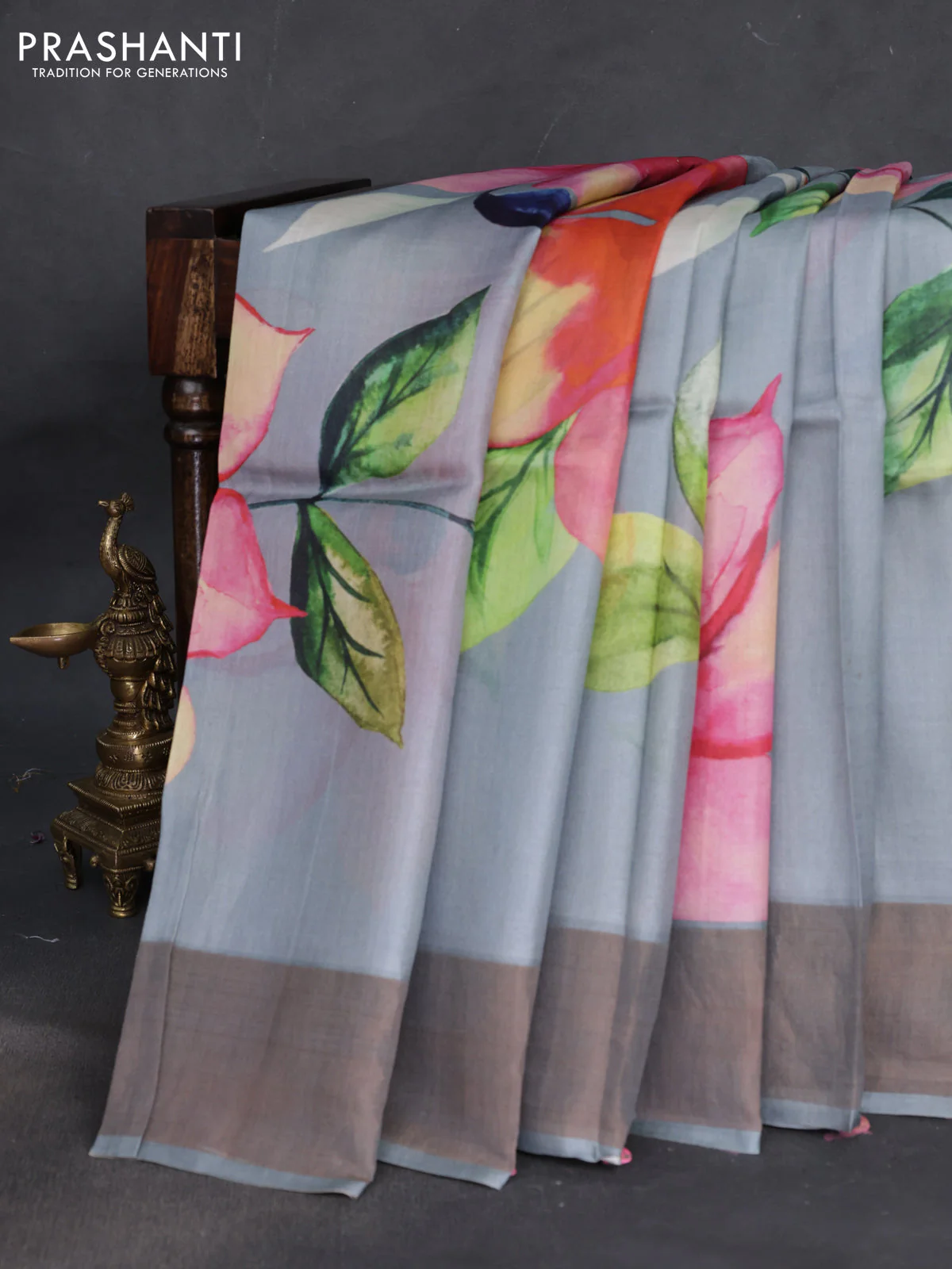 Pure tussar silk saree grey shade with floral digital prints and zari woven border - Image 2