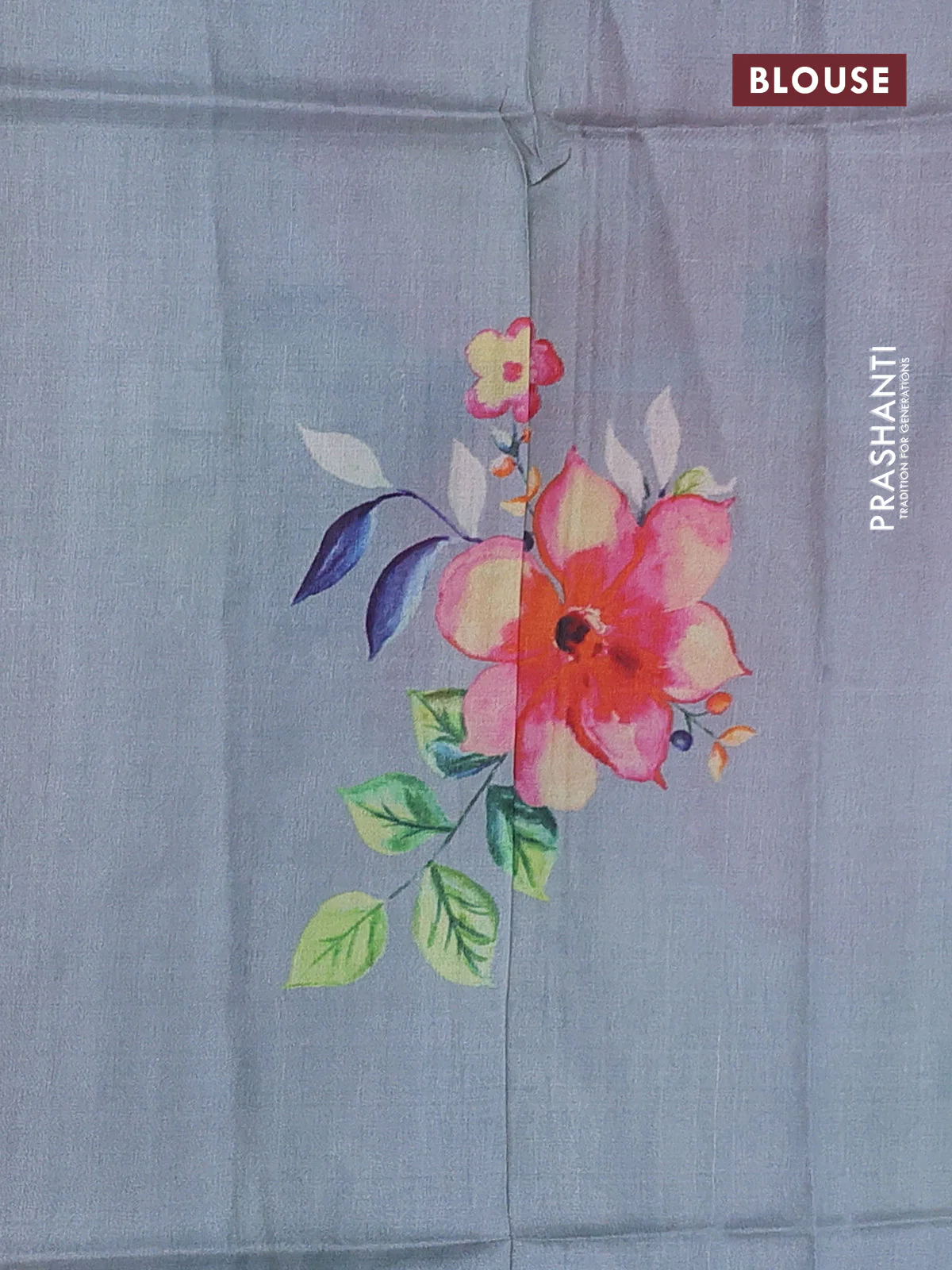 Pure tussar silk saree grey shade with floral digital prints and zari woven border - Image 3