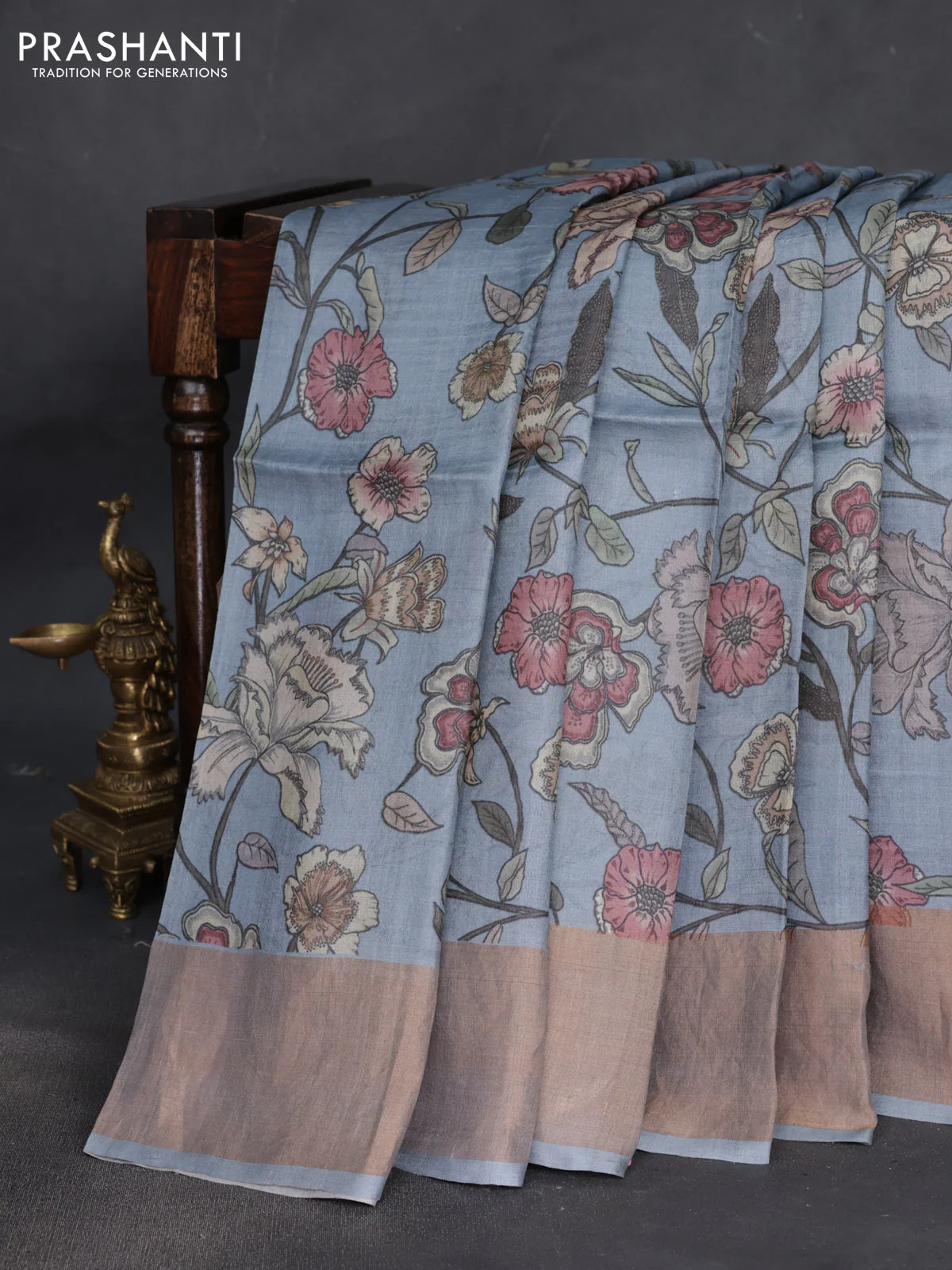 Pure tussar silk saree grey with allover floral digital prints and zari woven border - Image 2