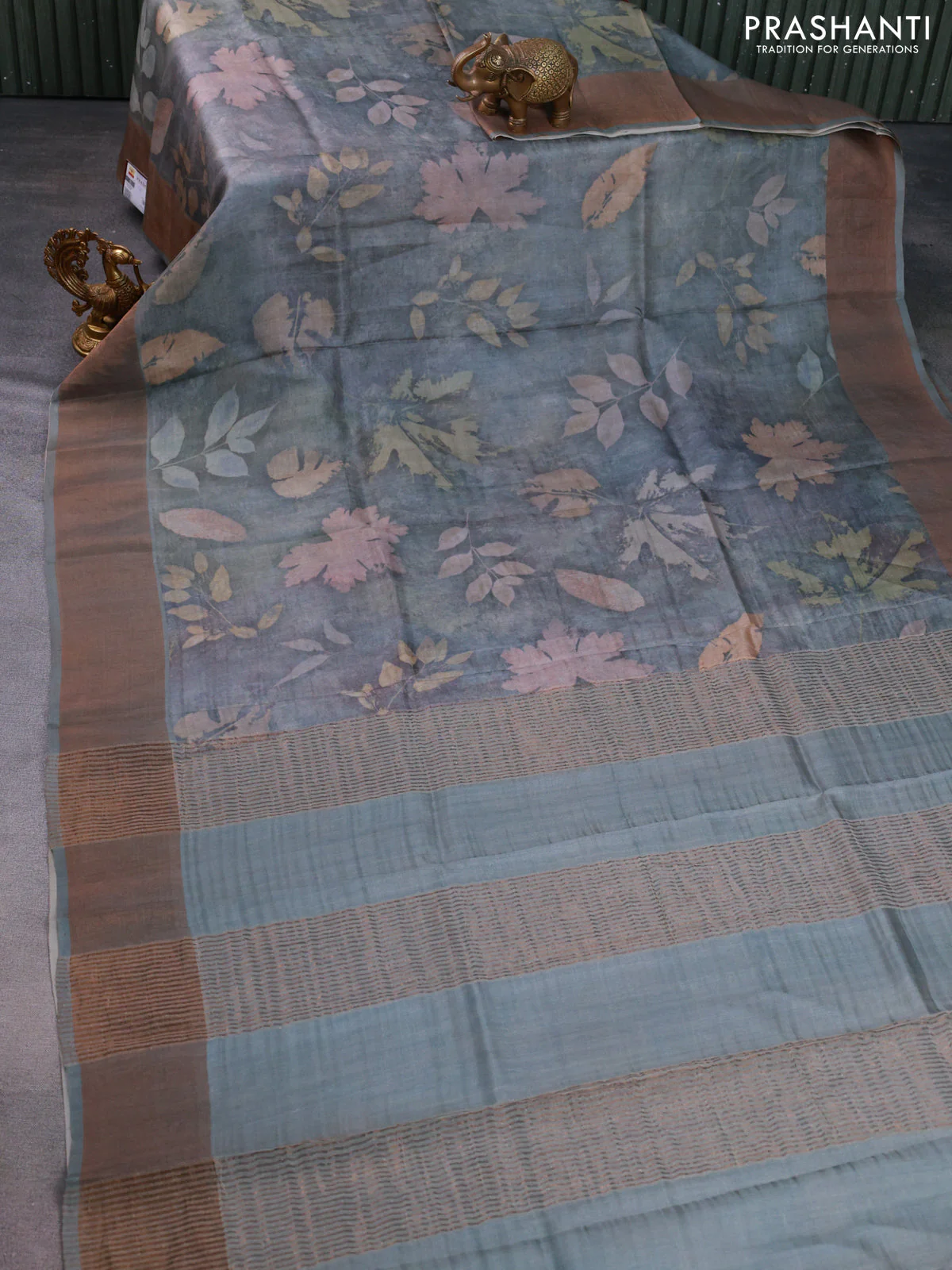 Pure tussar silk saree grey with allover floral digital prints and zari woven border