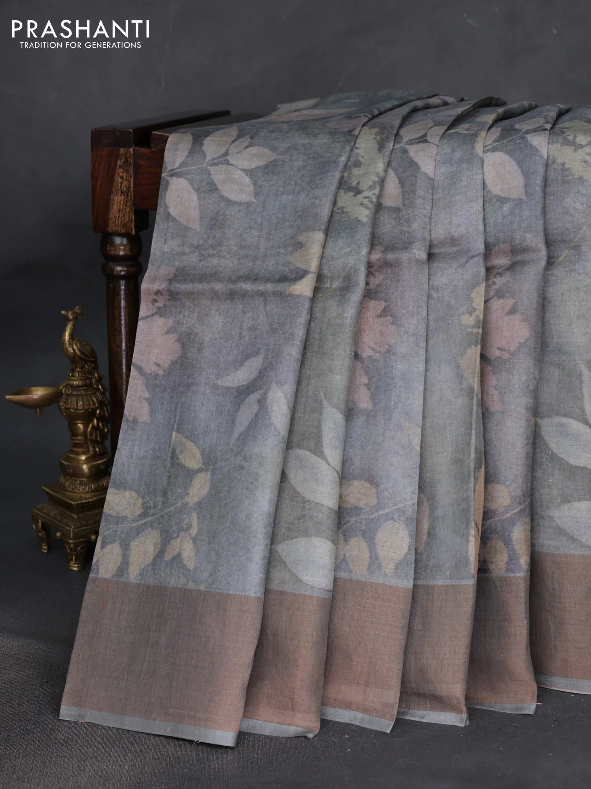 Pure tussar silk saree grey with allover floral digital prints and zari woven border - Image 2