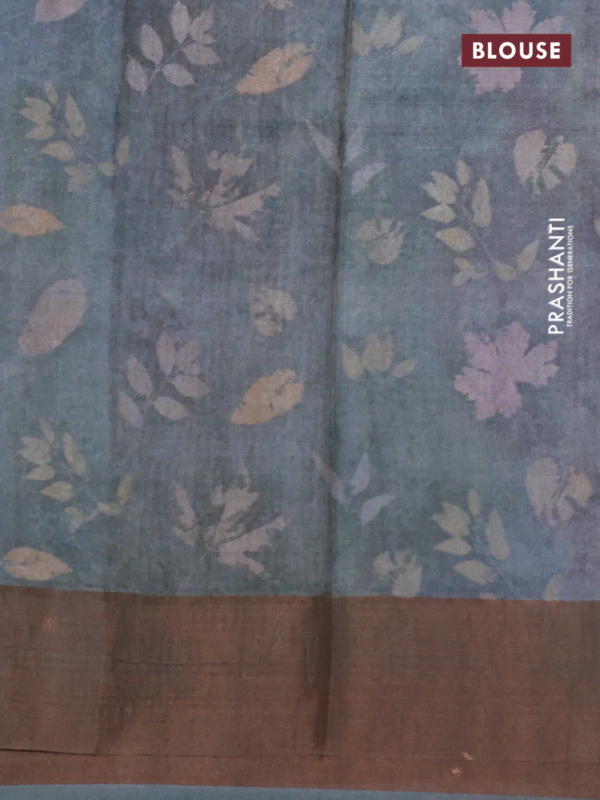 Pure tussar silk saree grey with allover floral digital prints and zari woven border - Image 3