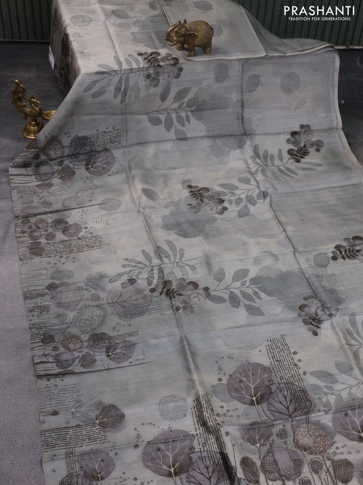 Pure tussar silk saree grey with allover prints in borderless style - Image 2