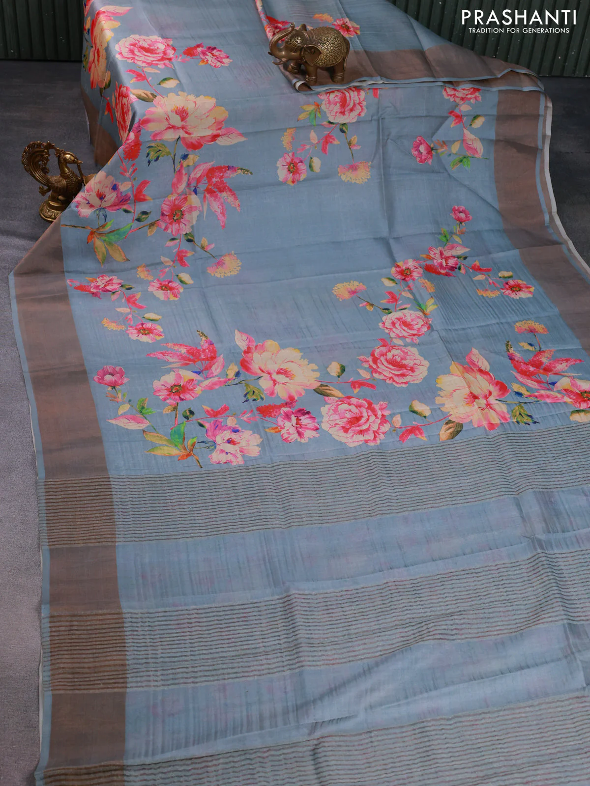 Pure tussar silk saree grey with floral digital prints and zari woven border