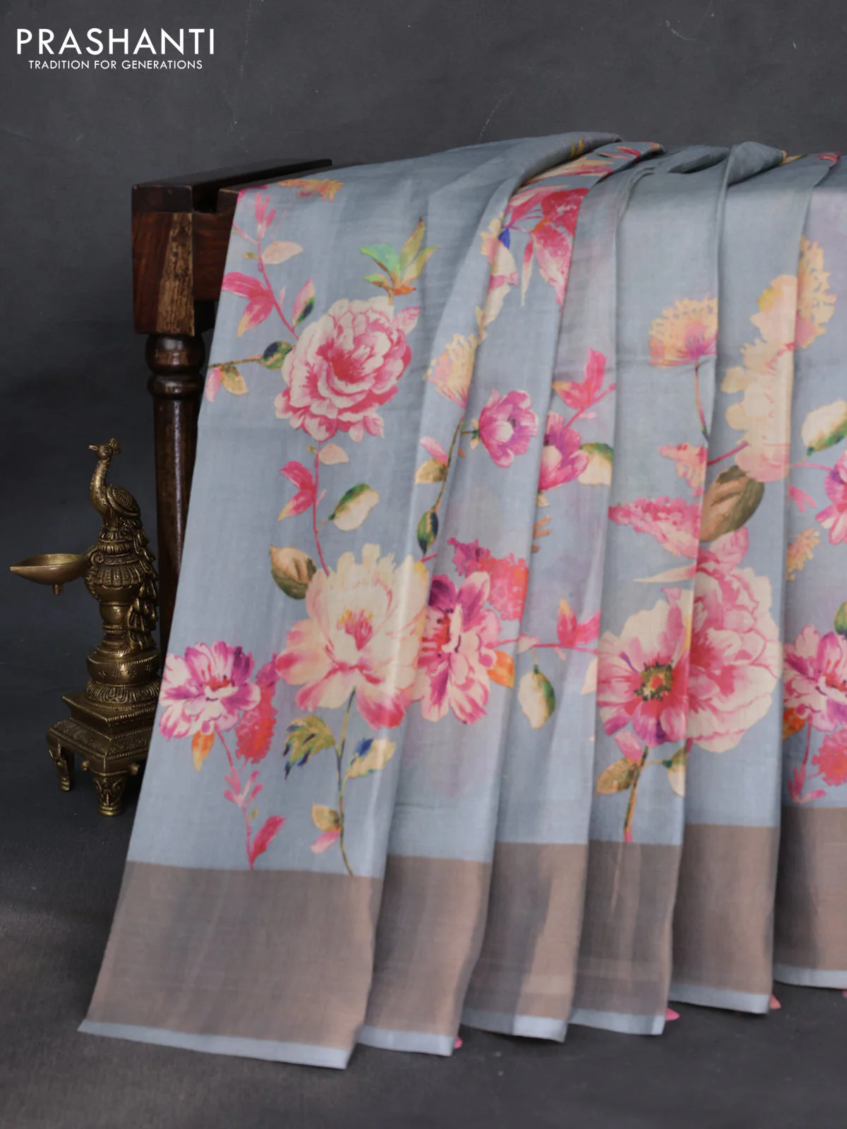 Pure tussar silk saree grey with floral digital prints and zari woven border - Image 2