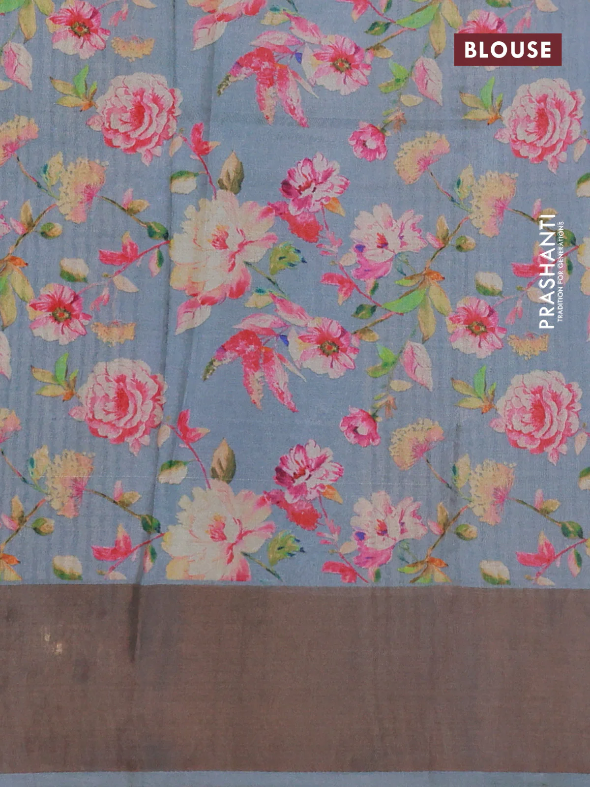 Pure tussar silk saree grey with floral digital prints and zari woven border - Image 3
