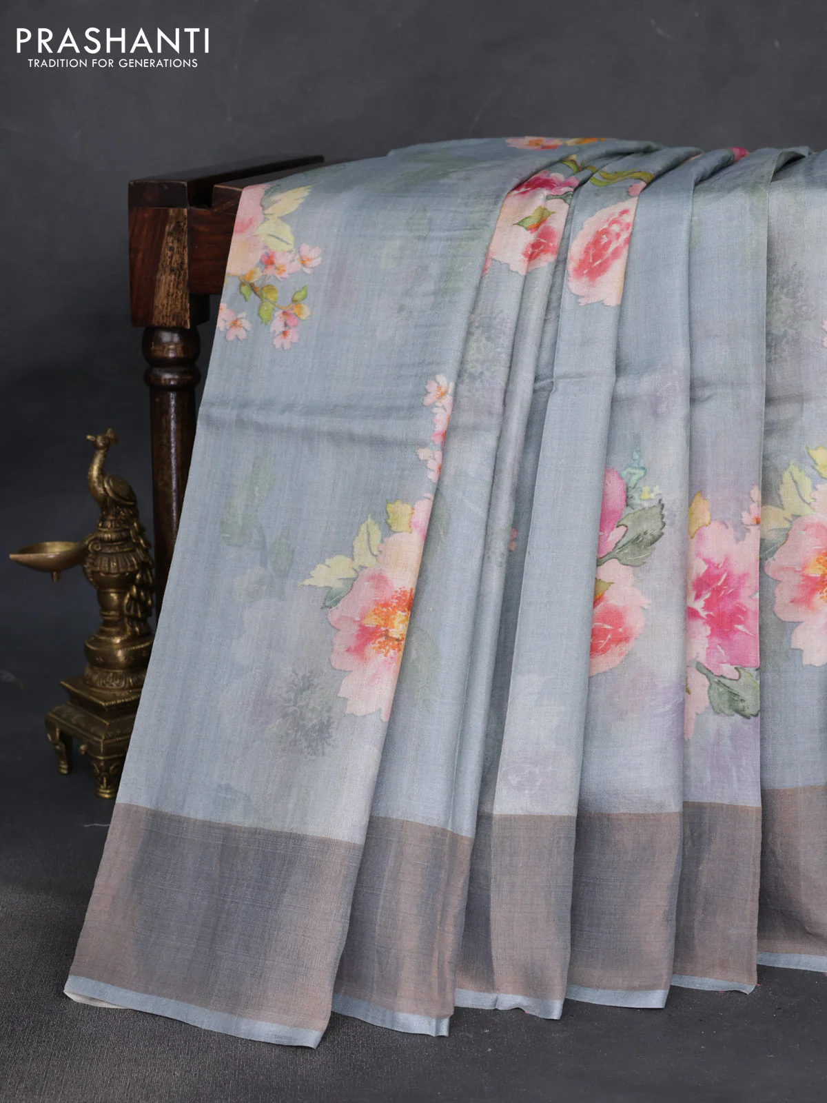 Pure tussar silk saree grey with floral digital prints and zari woven border - Image 2