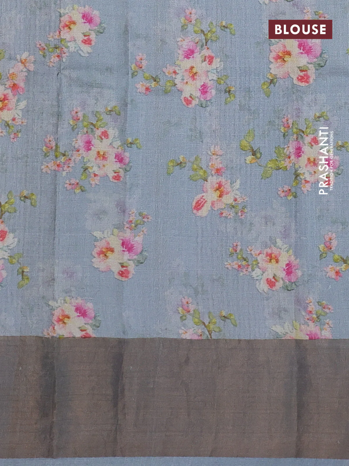 Pure tussar silk saree grey with floral digital prints and zari woven border - Image 3