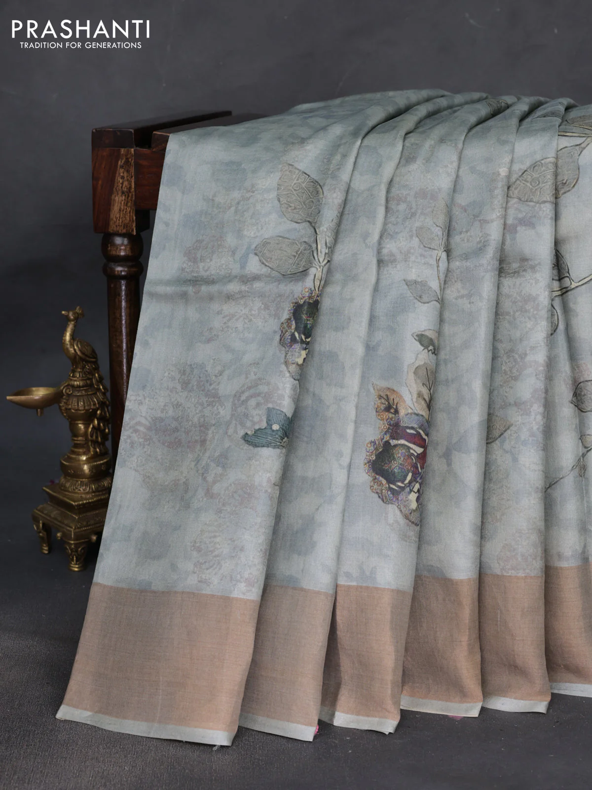 Pure tussar silk saree grey with floral digital prints and zari woven border - Image 2