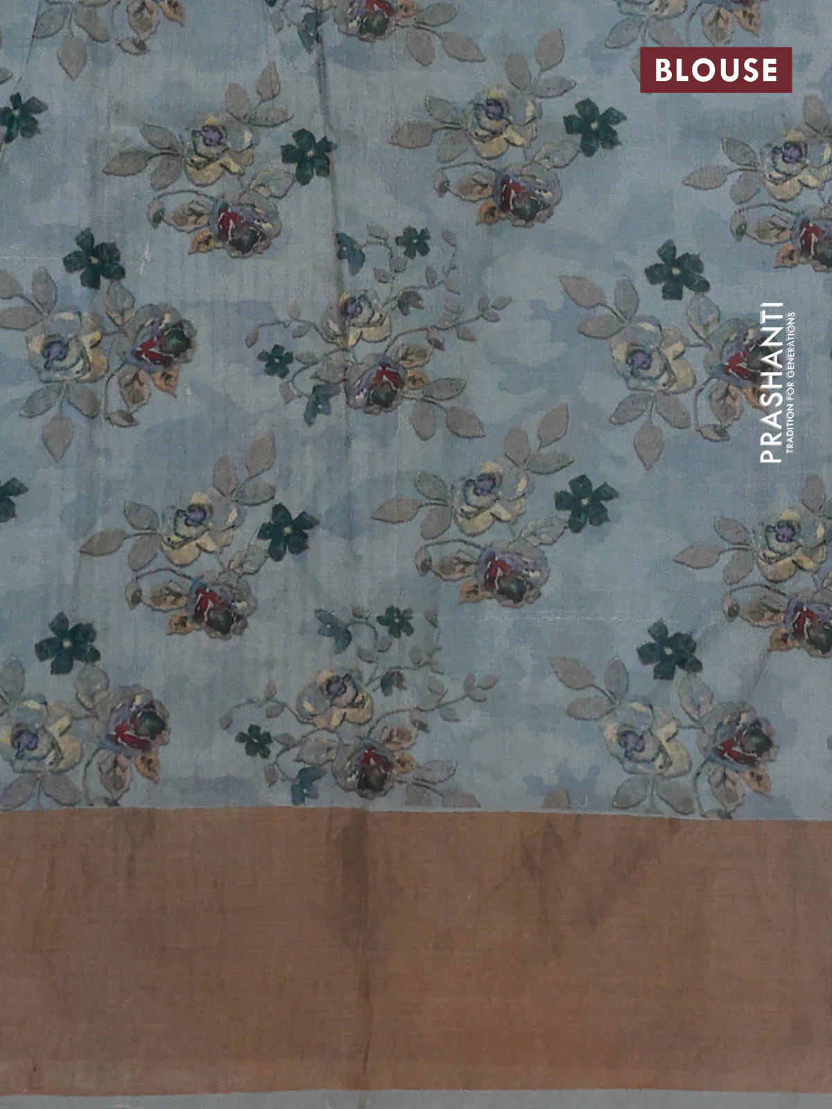 Pure tussar silk saree grey with floral digital prints and zari woven border - Image 3