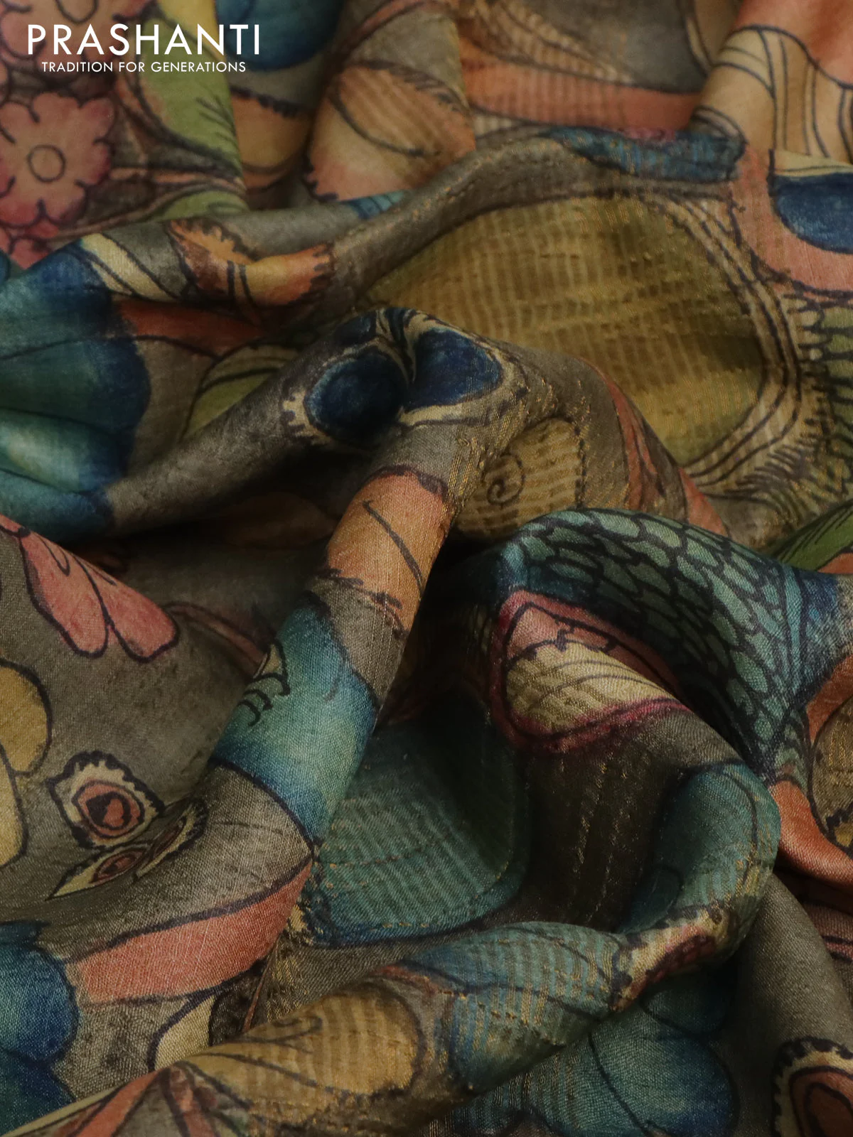 Pure tussar silk saree grey yellow and pink with allover pen kalamkari prints and zari woven border - Image 2